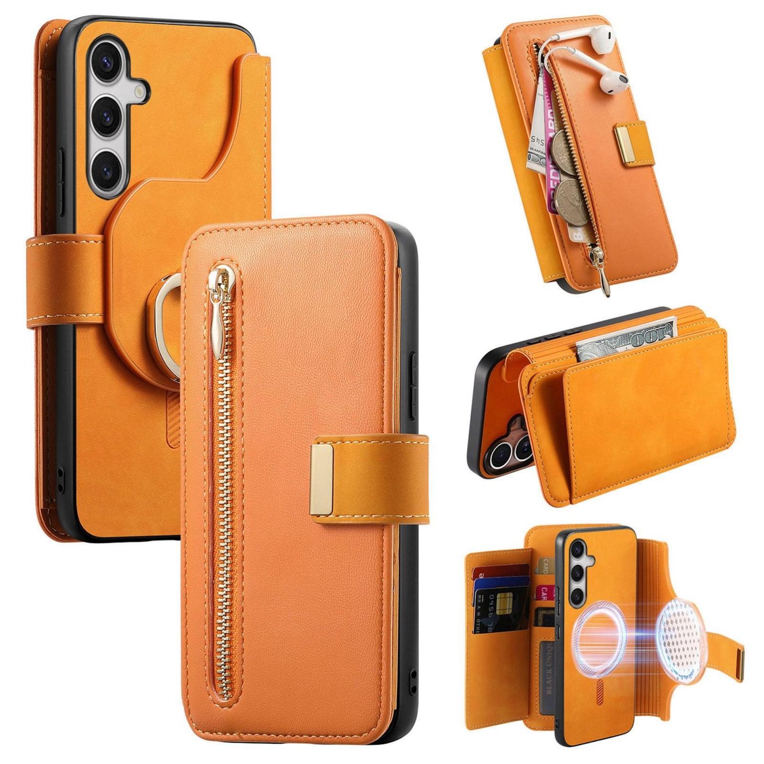 F&uuml;r Samsung Galaxy S25 FE 5G MagSafe Kunstleder Wallet H&uuml;lle Orange - Bild 1