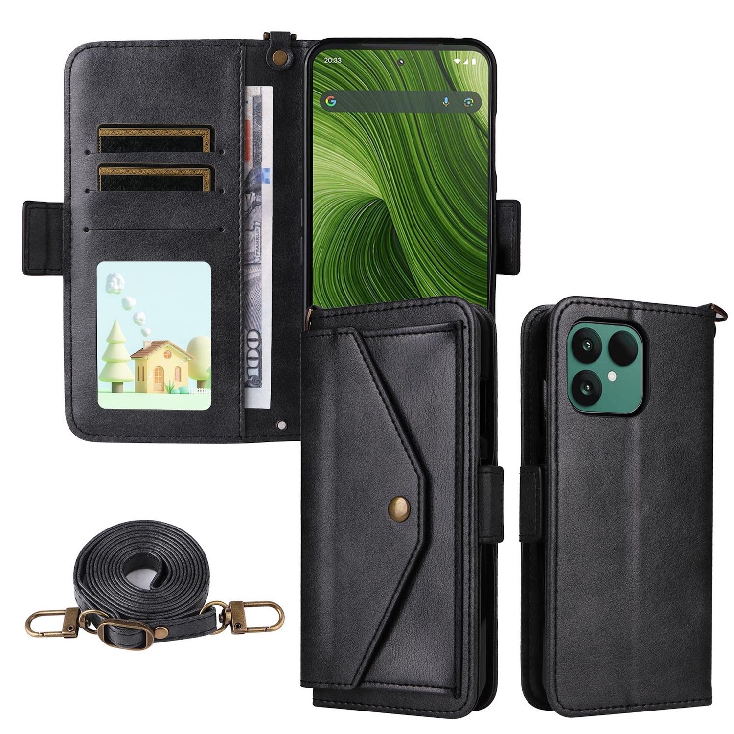 F&uuml;r Fairphone 6 Crossbody Echtleder Kartenfach Schutz H&uuml;lle Schwarz - Bild 1