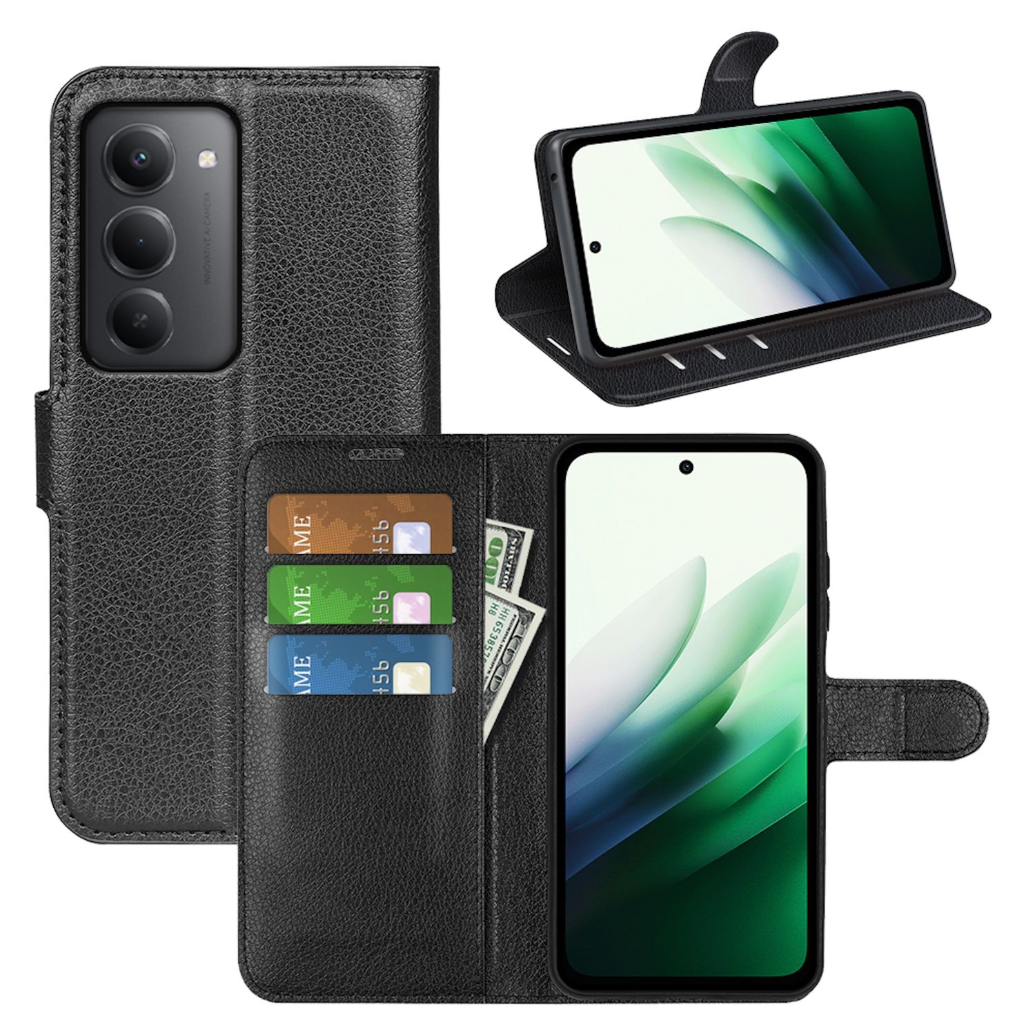 F&uuml;r Xiaomi Redmi 15 5G Kunstleder Book Wallet Tasche H&uuml;lle Schwarz - Bild 1