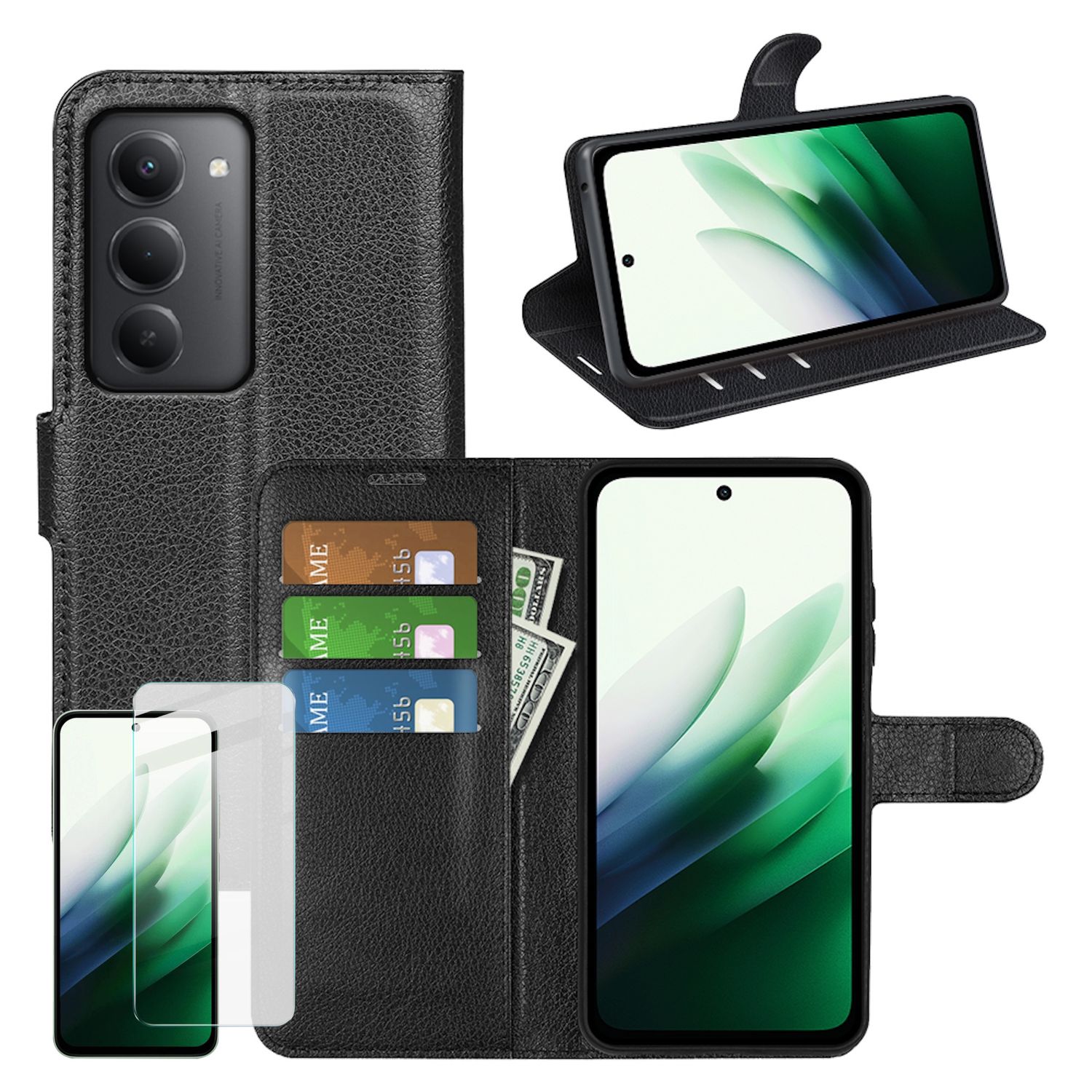 F&uuml;r Xiaomi Redmi 15 5G Kunstleder Wallet H&uuml;lle Schwarz + 9H Hart Glas - Bild 1