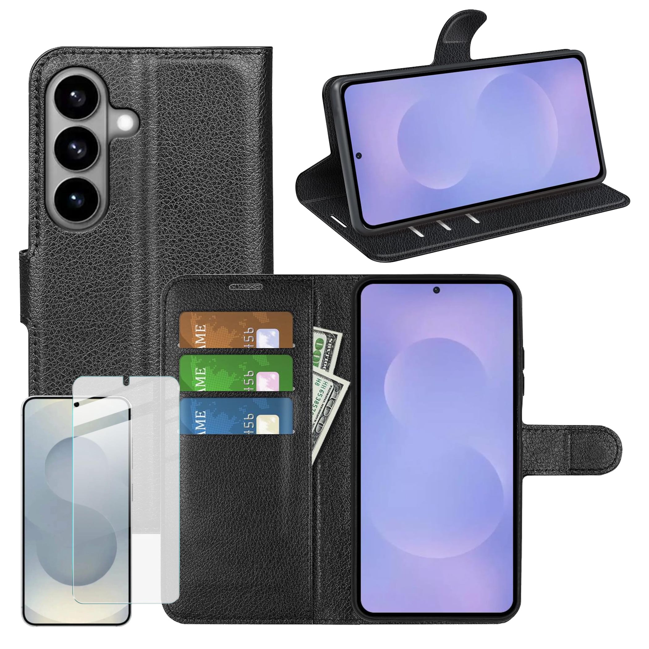 F&uuml;r Samsung Galaxy S26 5G Kunstleder Schutz H&uuml;lle Schwarz + 9H Glas - Bild 1