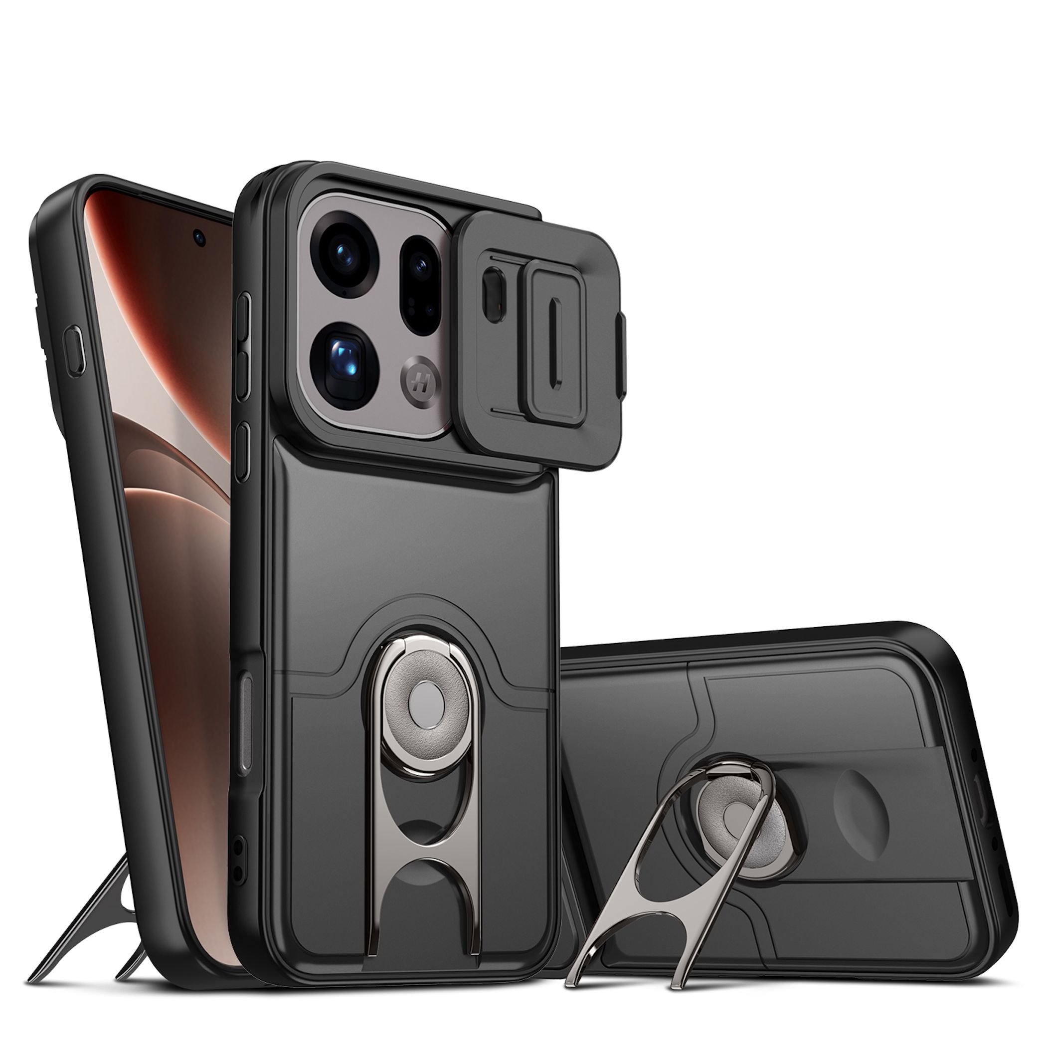 Handy H&uuml;lle Camshield f&uuml;r Oppo Find X9 Pro 5G Ringhalter Kickstand Armor Schwarz - Bild 1
