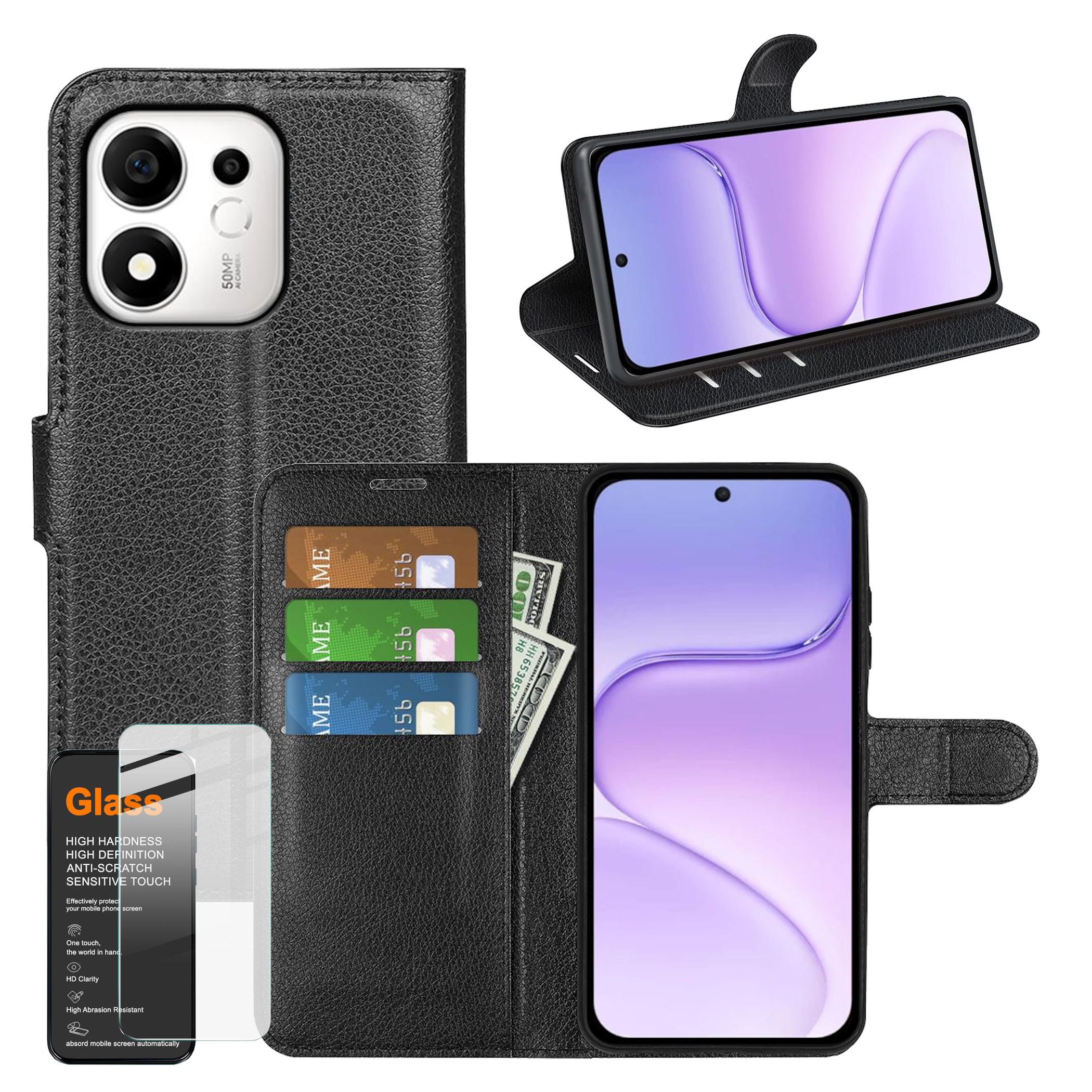 Handy H&uuml;lle + 9H Schutzglas f&uuml;r Honor 600 Smart 5G Klapph&uuml;lle Wallet Hartglas - Bild 1
