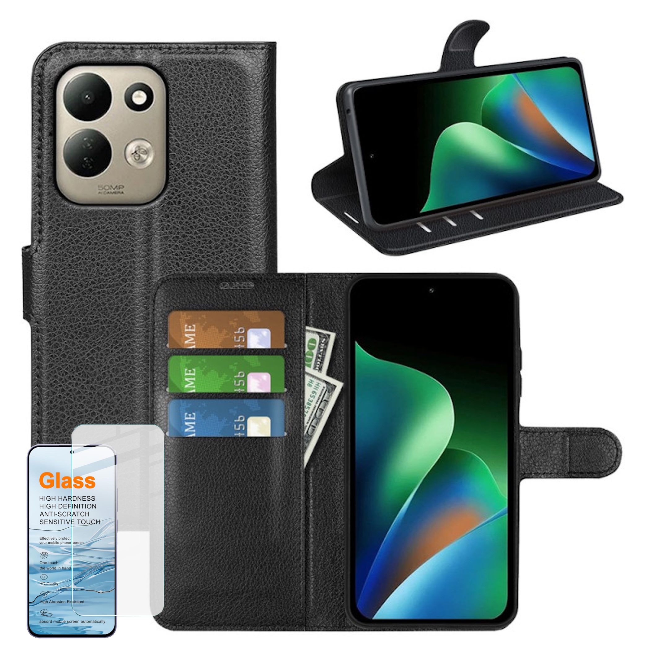 Handy H&uuml;lle + 9H Schutzglas f&uuml;r Xiaomi Redmi 17 5G / 4G Klapph&uuml;lle Wallet Tasche - Bild 1