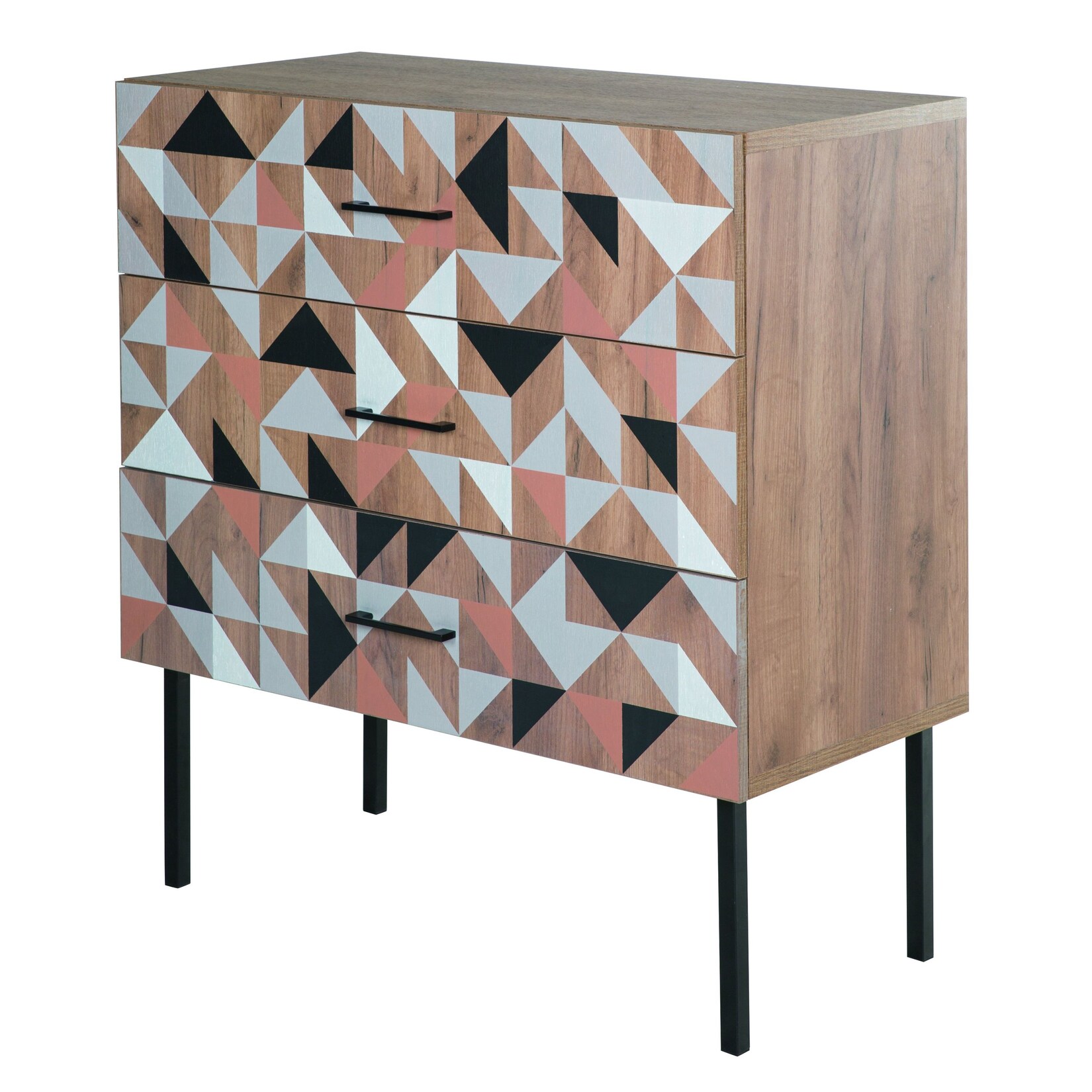 Spectral – Kommode mit 3 Schubladen mit Soft-Close, bedruckter Front, tobacco oak mit schwarz matt lackierten Metallkomponenten | 07640136864539