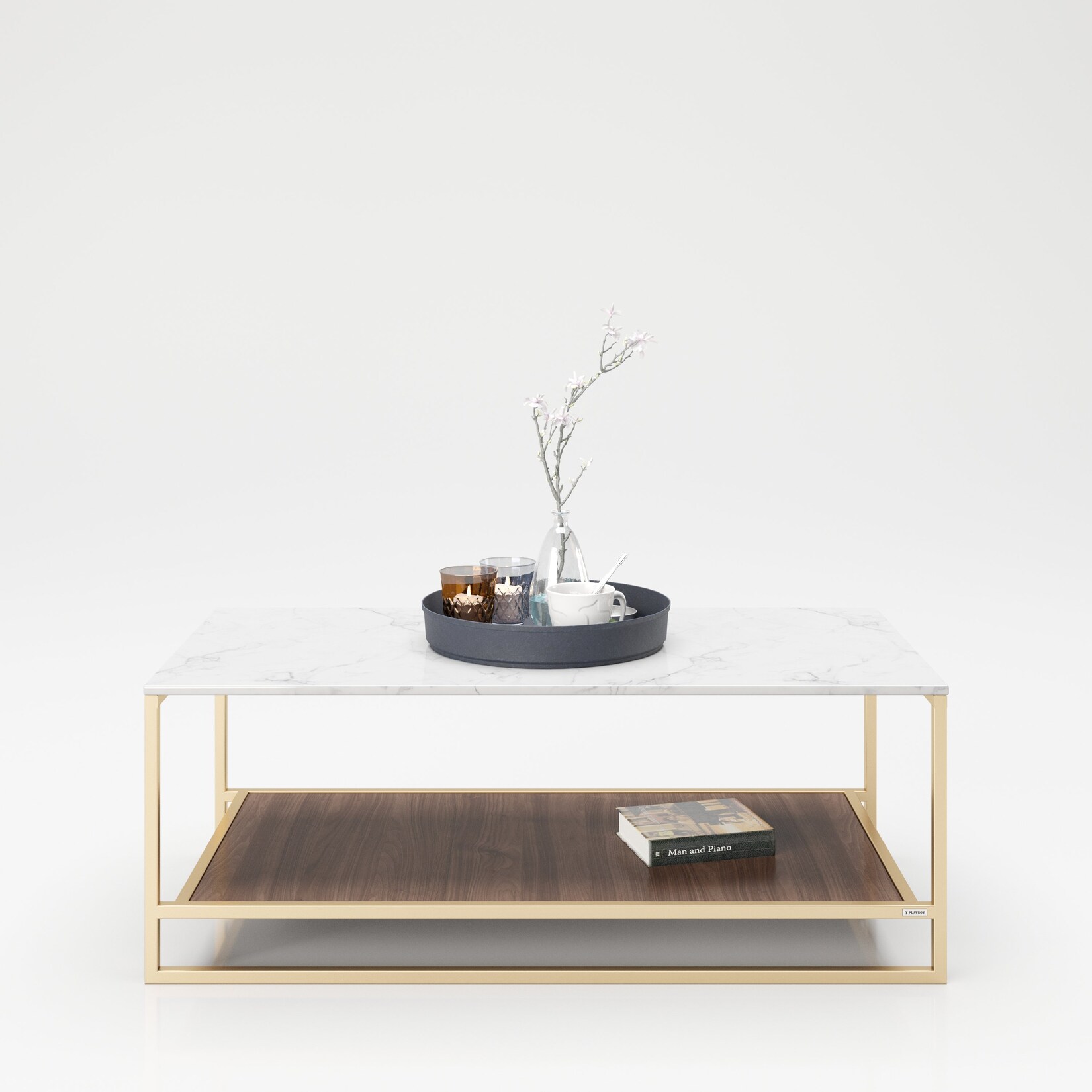 PLAYBOY – Couchtisch „OLIVIA“ mit 1 Ablage im Walnuss Dekor, Tischplatte in Marmor Optik, goldenes Metallgestell | 07640136869107