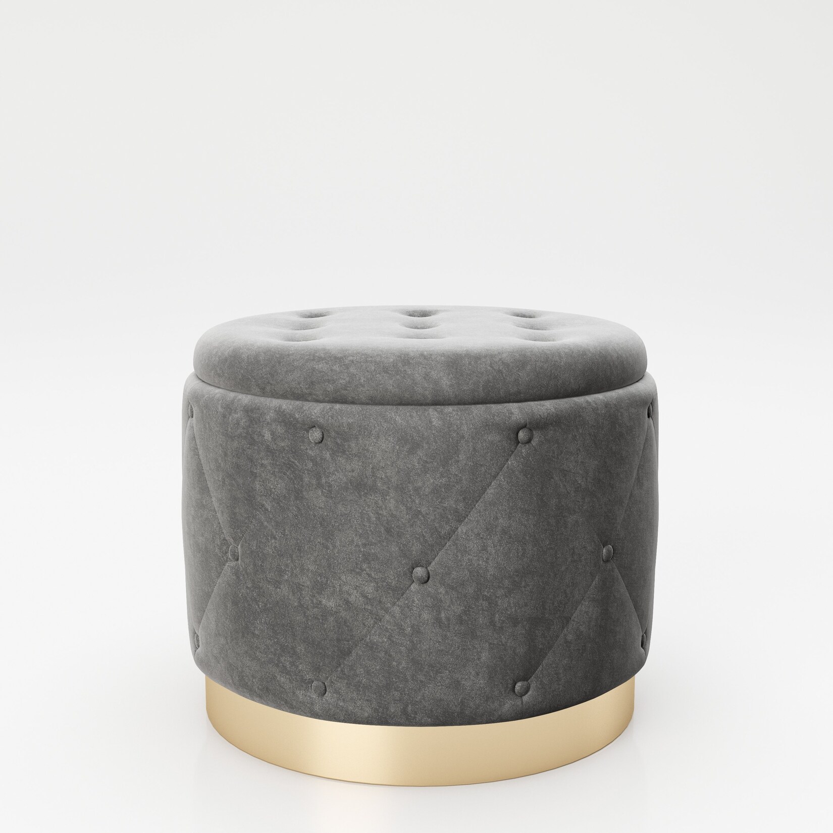 PLAYBOY – Pouf „LIZ“ gepolsterter Sitzhocker mit Stauraum, Samtstoff in Grau und Chesterfield-Optik, goldener Metallfuss, Retro-Design | 07640136869053