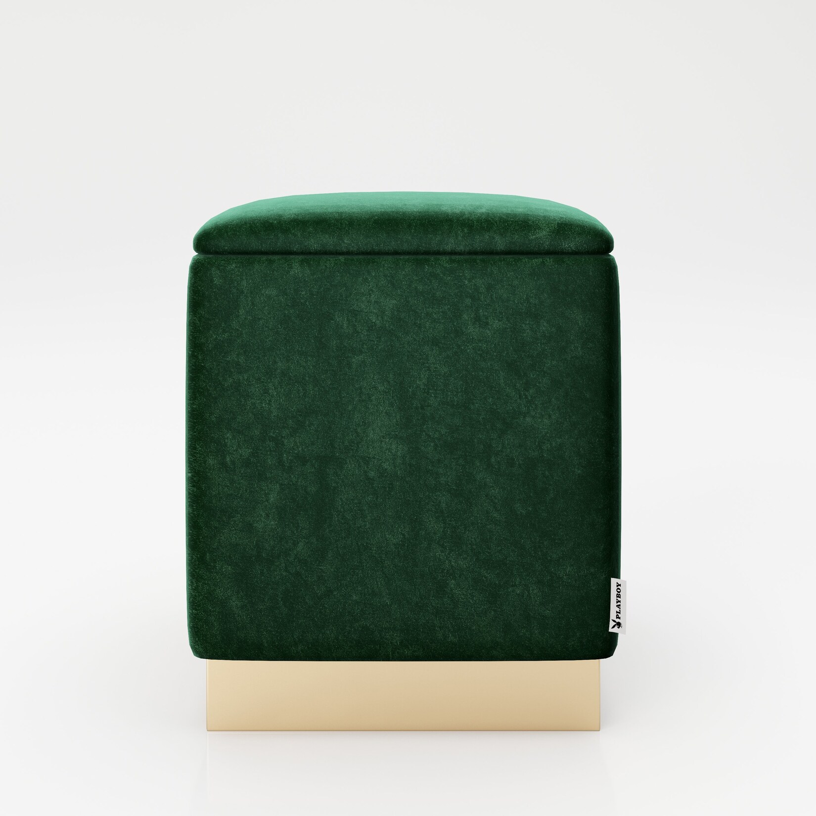 PLAYBOY – eckiger Pouf „BETTY“ gepolsterter Sitzhocker mit Stauraum, Samtstoff in Grün, goldener Metallfuss, Retro-Design | 07640136869251