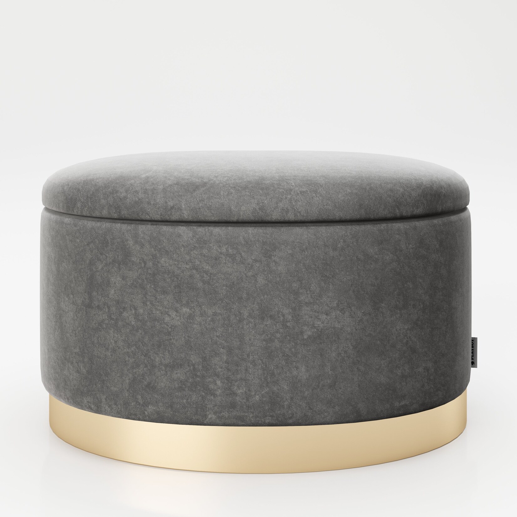 PLAYBOY – ovaler Pouf „ROSANNE“ gepolsterter Sitzhocker mit Stauraum, Samtstoff in Grau, Metallfuss in Goldoptik, Retro-Design | 07640136869350