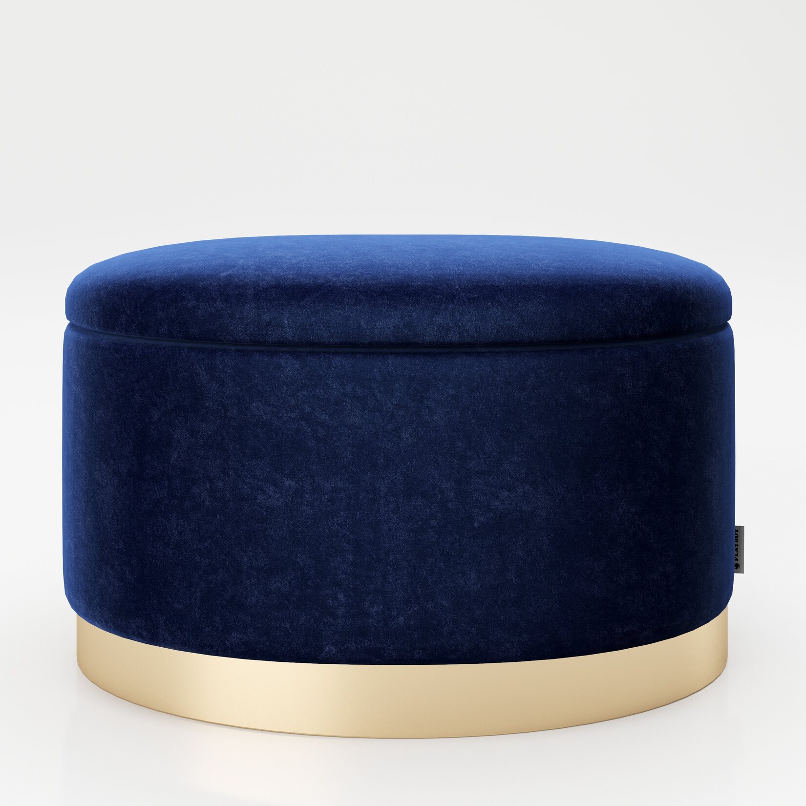 PLAYBOY – ovaler Pouf „ROSANNE“ gepolsterter Sitzhocker mit Stauraum, Samtstoff in Blau, goldener Metallfuss, Retro-Design | 07640136869367