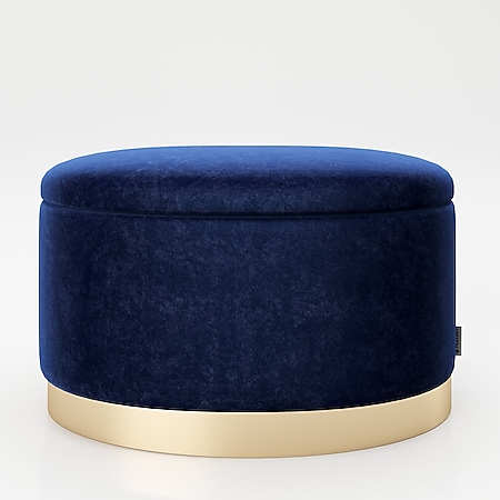 PLAYBOY - ovaler Pouf "ROSANNE" gepolsterter Sitzhocker mit Stauraum, Samtstoff in Blau, Metallfuss in Goldoptik, Retro-Design - Bild 1