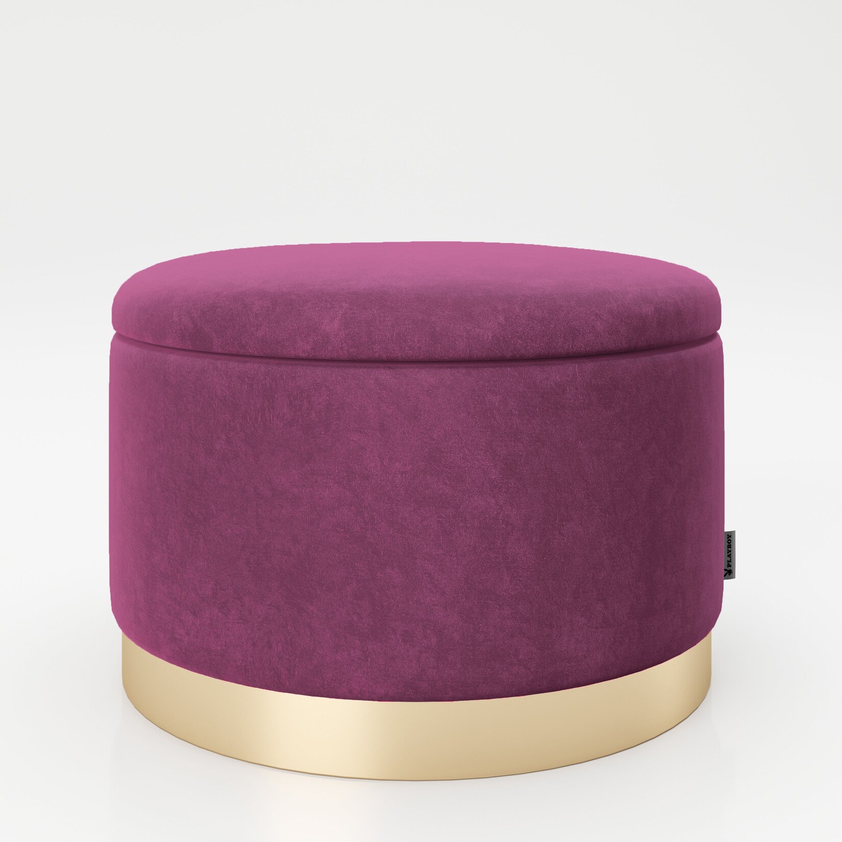 PLAYBOY – runder Pouf „SUE“ gepolsterter Sitzhocker mit Stauraum, Samtstoff in Lila, goldener Metallfuss, Retro-Design | 07640136869947