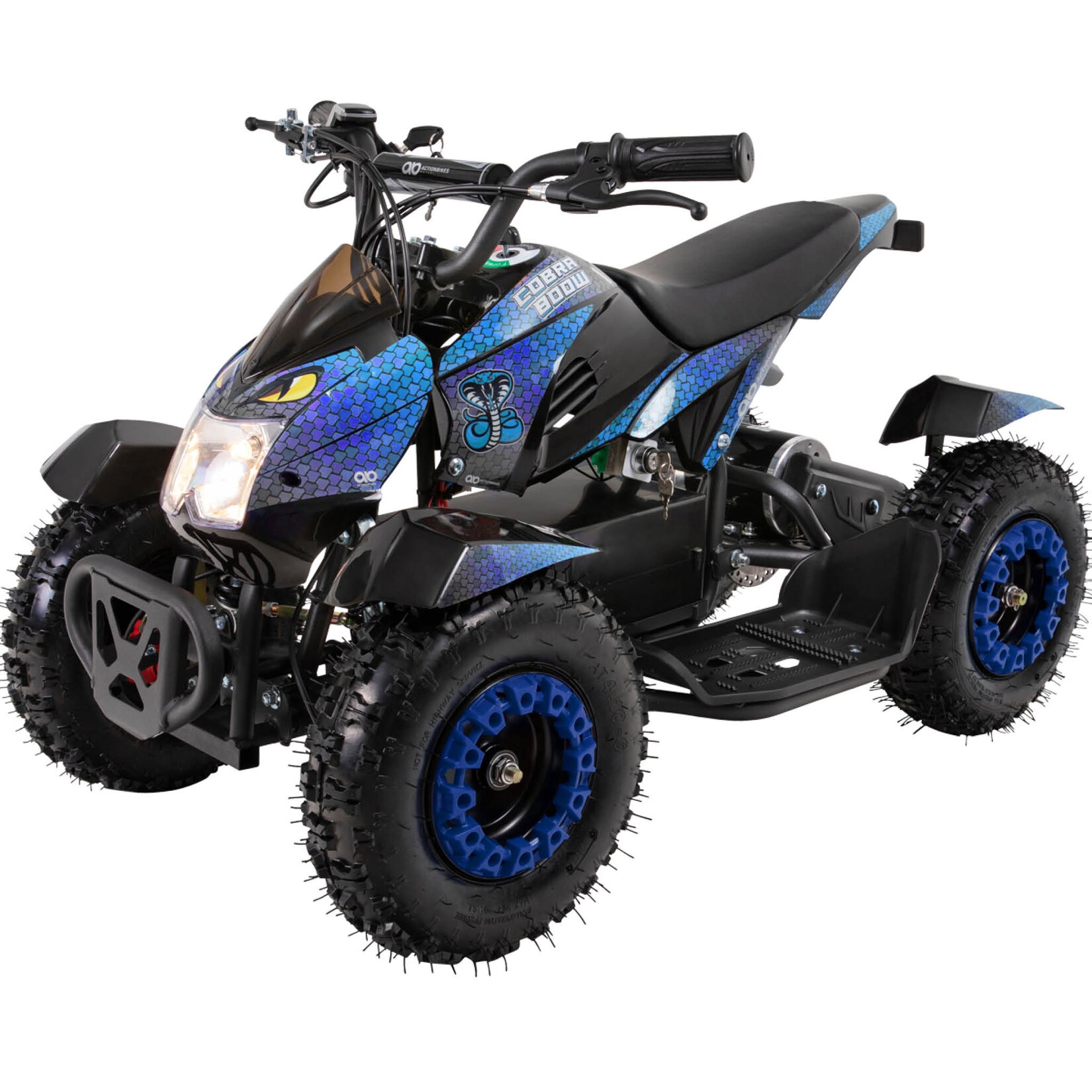 Elektro-Kinderquad Cobra, 800 Watt, bis 24 km/h, ab 8 Jahren, Federung, 3x 12V-Akku, Scheibenbremsen (Blau/Schwarz)