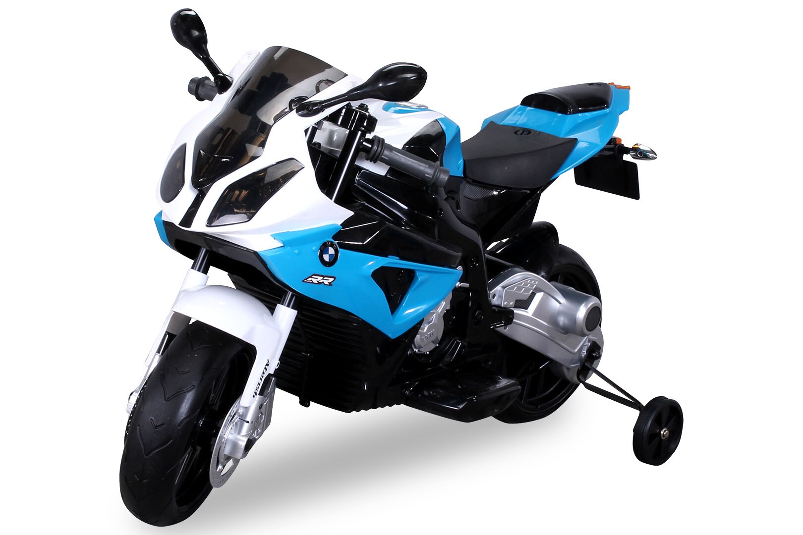 Kindermotorrad BMW S 1000 RR, lizenziert, 70 Watt, EVA-Vollgummireifen, Stützräder, 12 V, Soundmodul (Blau) | 04056551008749