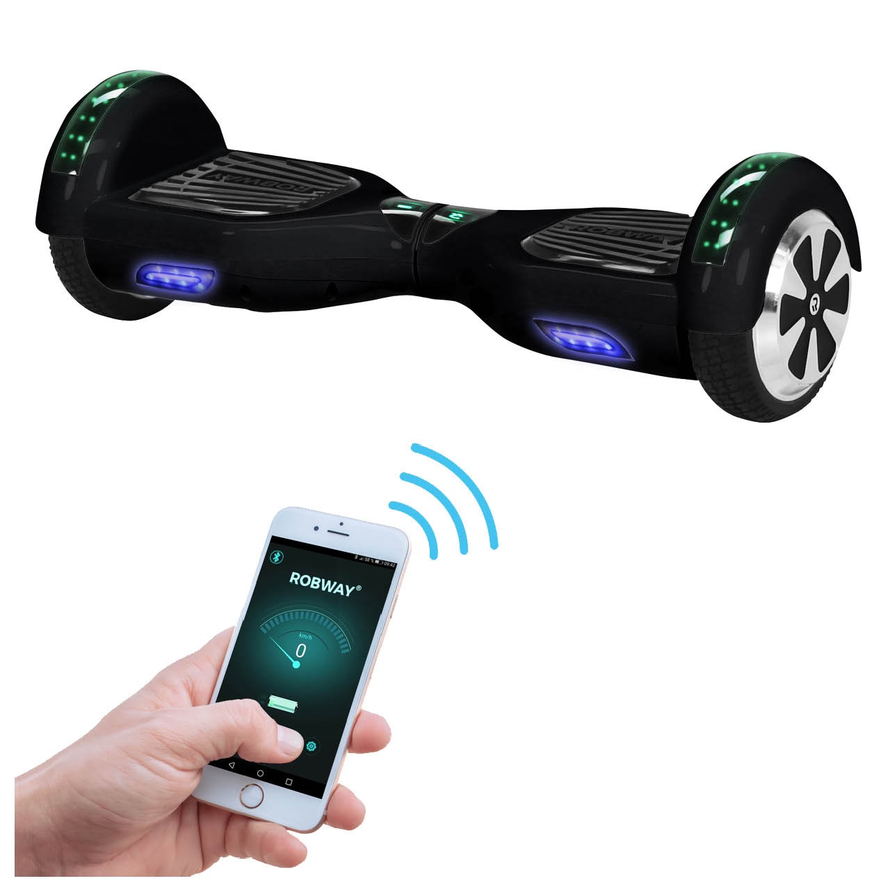 ROBWAY W1 Hoverboard f&uuml;r Erwachsene und Kinder, 6,5 Zoll, Self-Balance, Bluetooth, App, 700 Watt, LEDs (Schwarz) - Bild 1