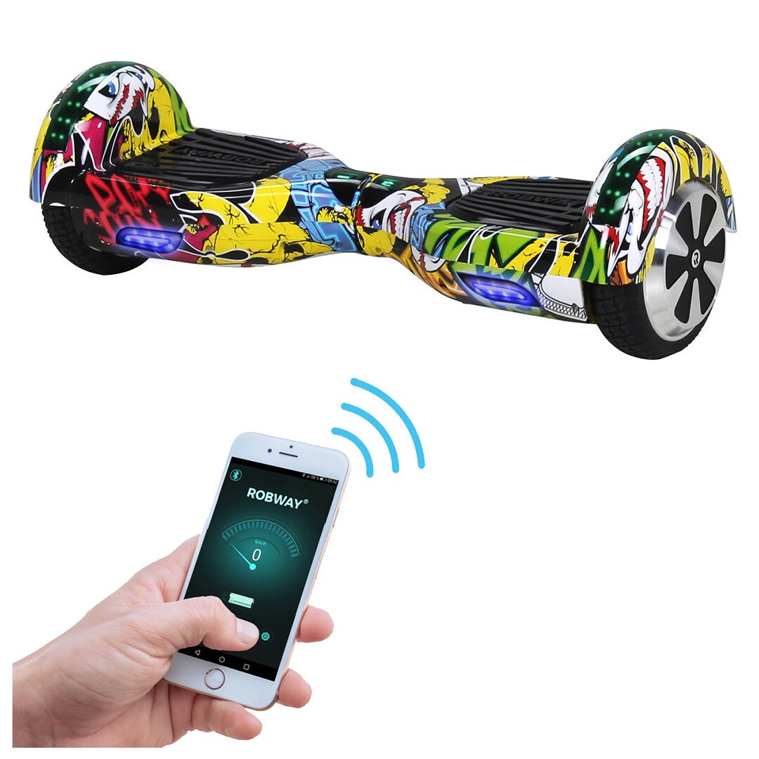 ROBWAY W1 Hoverboard f&uuml;r Erwachsene und Kinder, 6,5 Zoll, Self-Balance, Bluetooth, App, 700 Watt, LEDs (Gelb Graffiti) - Bild 1