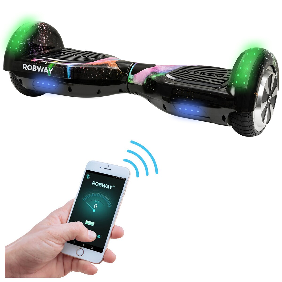 ROBWAY W1 Hoverboard f&uuml;r Erwachsene und Kinder, 6,5 Zoll, Self-Balance, Bluetooth, App, 700 Watt, LEDs (Armageddon) - Bild 1