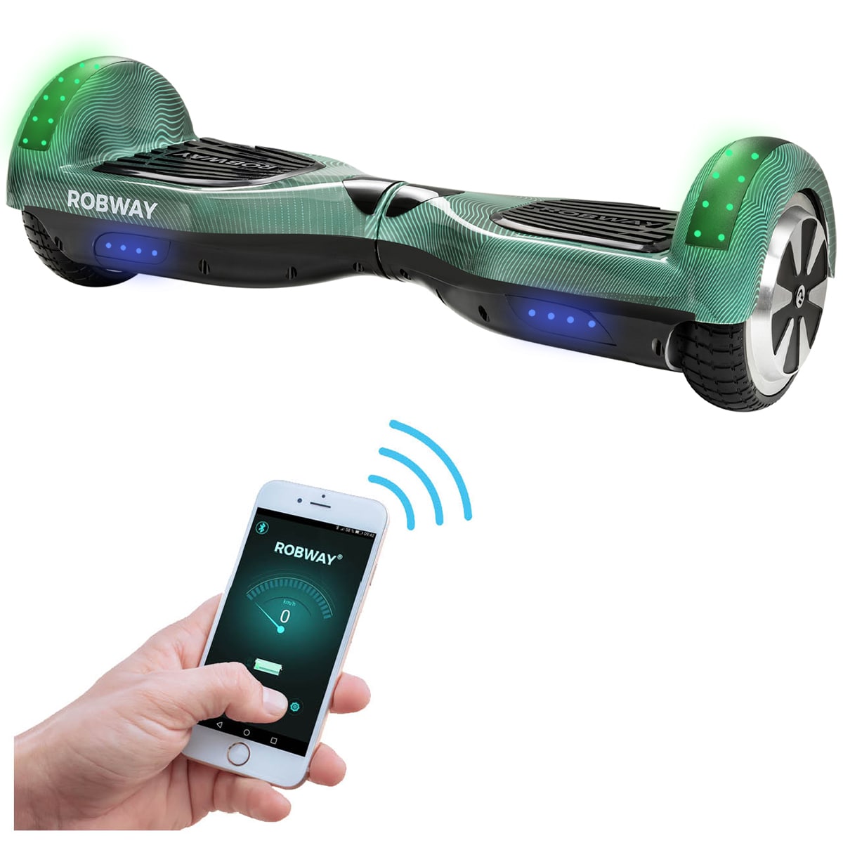 ROBWAY W1 Hoverboard f&uuml;r Erwachsene und Kinder, 6,5 Zoll, Self-Balance, Bluetooth, App, 700 Watt, LEDs (Emerald Green) - Bild 1