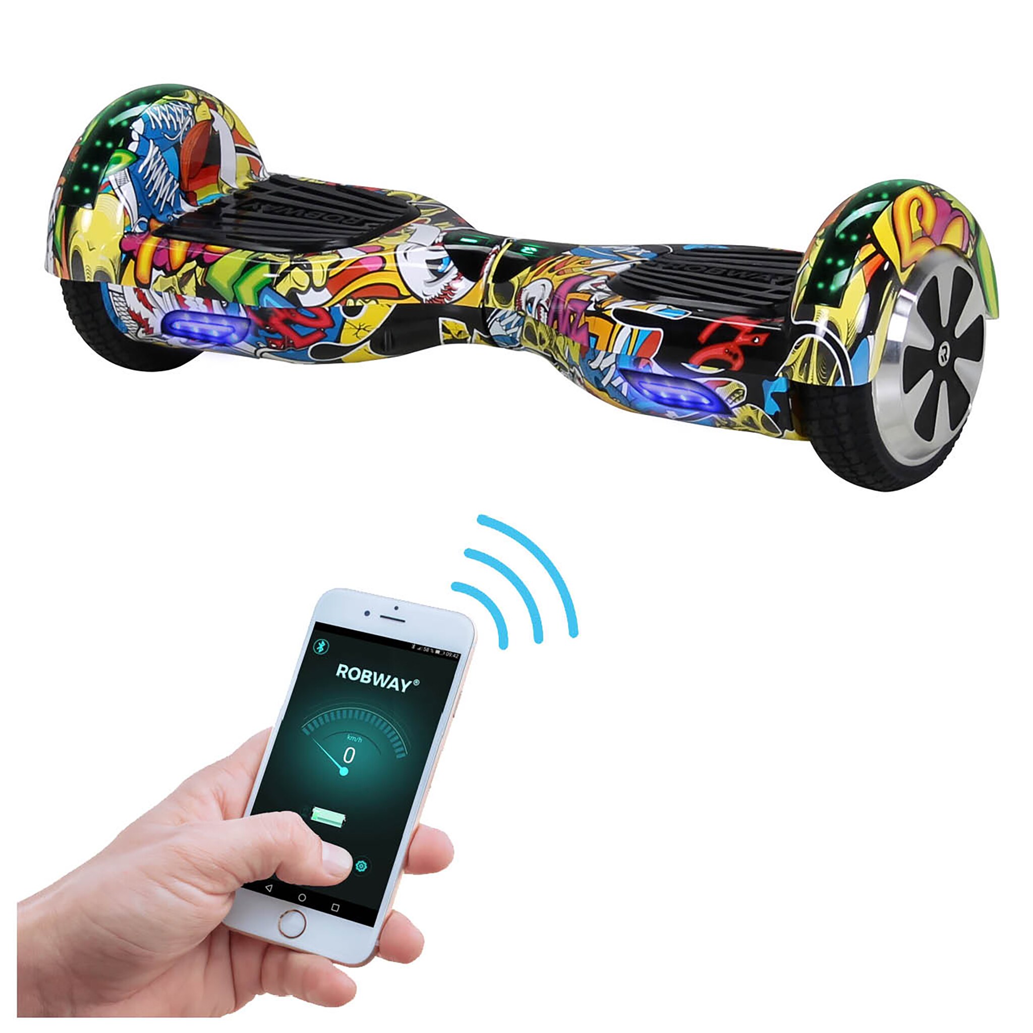 ROBWAY W1 Hoverboard f&uuml;r Erwachsene und Kinder, 6,5 Zoll, Self-Balance, Bluetooth, App, 700 Watt, LEDs (Blau Graffiti 2.0) - Bild 1