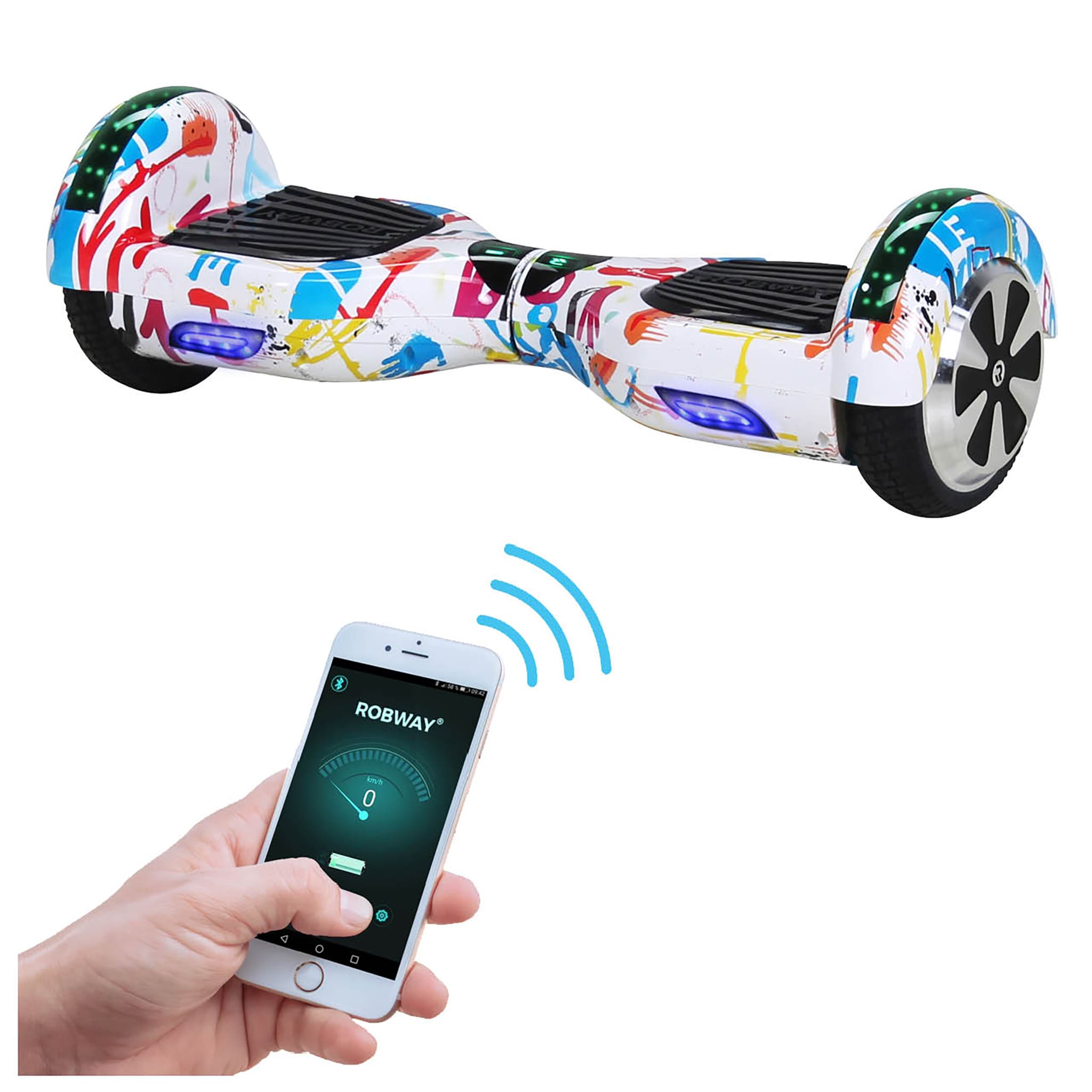 ROBWAY W1 Hoverboard f&uuml;r Erwachsene und Kinder, 6,5 Zoll, Self-Balance, Bluetooth, App, 700 Watt, LEDs (Wei&szlig; Bunt 2.0) - Bild 1