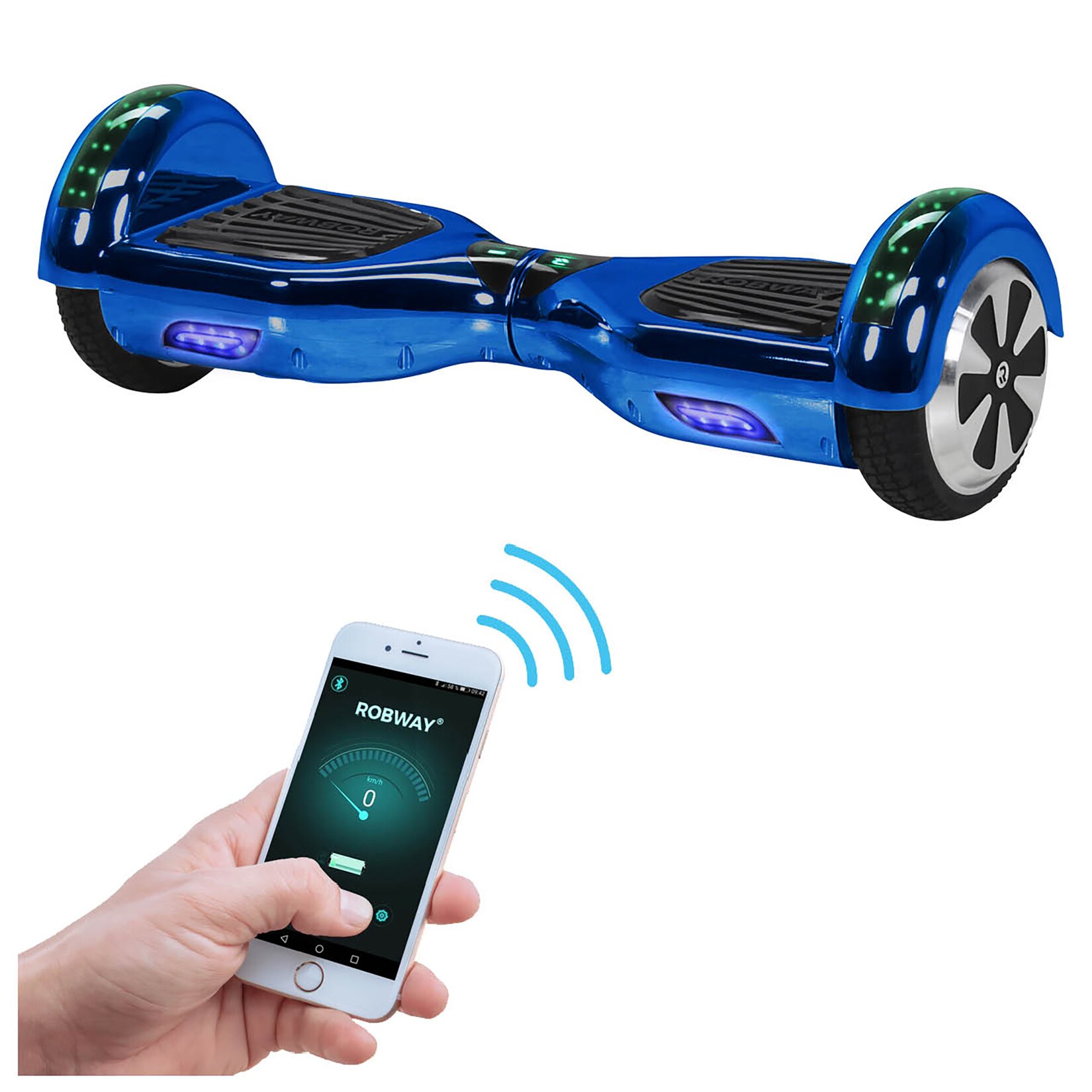 ROBWAY W1 Hoverboard für Erwachsene und Kinder, 6,5 Zoll, Self-Balance, Bluetooth, App, 700 Watt, LEDs (Blau Chrom 2.0)