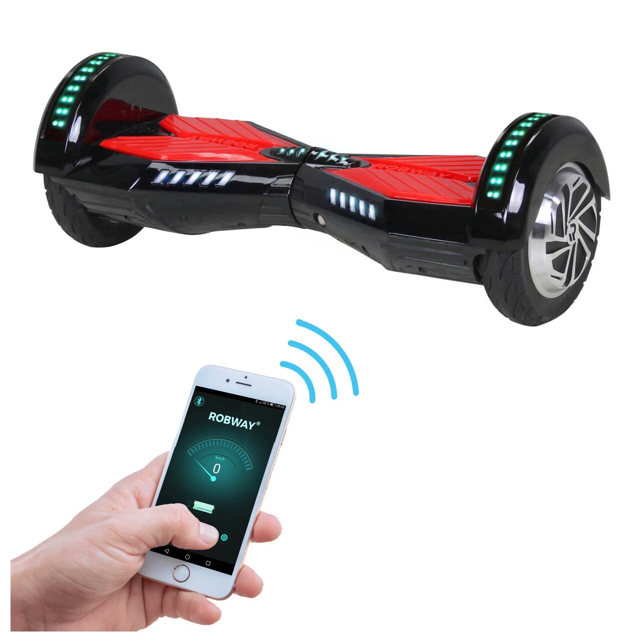 ROBWAY W2 Hoverboard f&uuml;r Erwachsene und Kinder, 8 Zoll, Self-Balance-Funktion, Bluetooth, App, LEDs (Schwarz Rot) - Bild 1