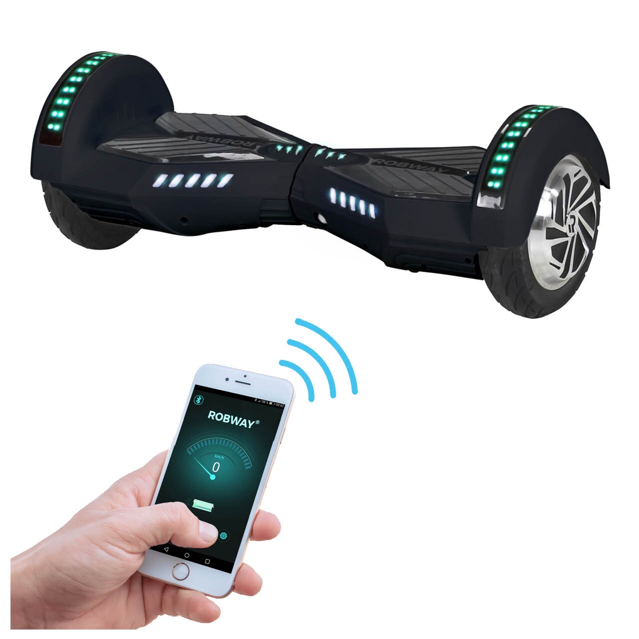 ROBWAY W2 Hoverboard f&uuml;r Erwachsene und Kinder, 8 Zoll, Self-Balance-Funktion, Bluetooth, App, LEDs (Schwarz Matt) - Bild 1