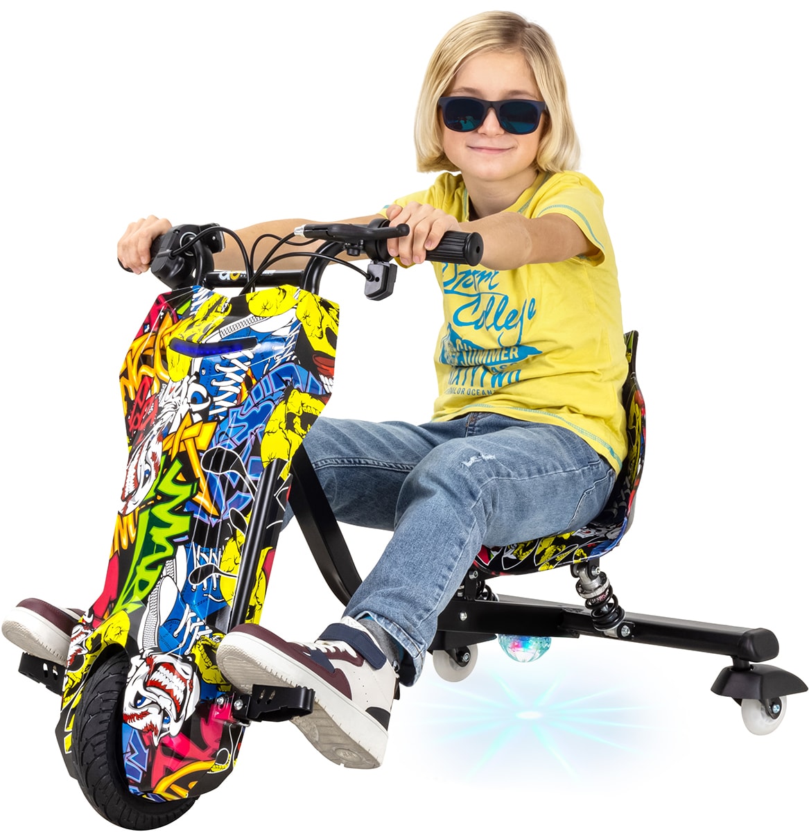 Elektro-Drift-Trike 360, Drift-Scooter f&uuml;r Kinder, 250 Watt, 36 Volt, bis zu 15km/h, LED-Beleuchtung (Gelb Graffiti) - Bild 1