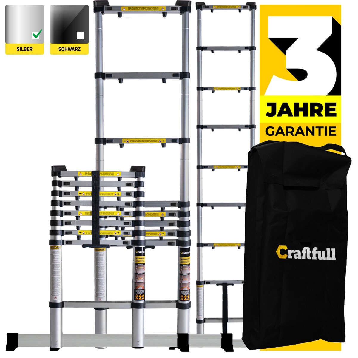 Craftfull Teleskopleiter CF-101A, Ausziehleiter aus Aluminium, Finger-Protection, viele Größen (4.4 Meter) | 04056551036292