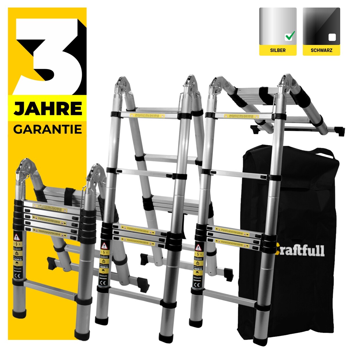 Craftfull Klapp-Teleskopleiter CF-102A, Aluminium, Klappleiter und Anlegeleiter, inkl. Tragetasche (2 x 1.6 Meter (Total 3.2 m)) - Bild 1