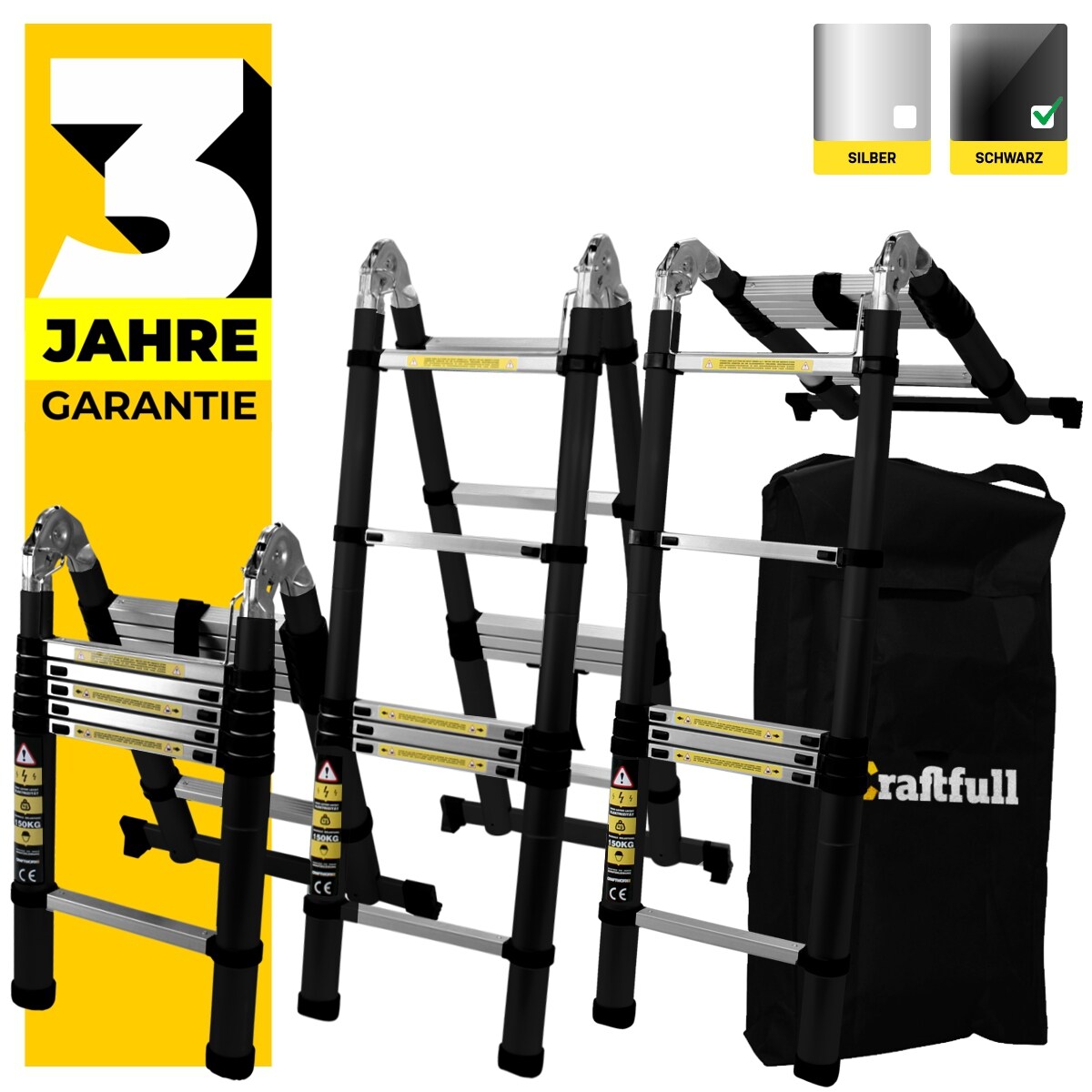 Craftfull Klapp-Teleskopleiter CF-102A, Aluminium, Klappleiter und Anlegeleiter, inkl. Tragetasche (2 x 2.8 Meter Black Edition) | 04056551077035