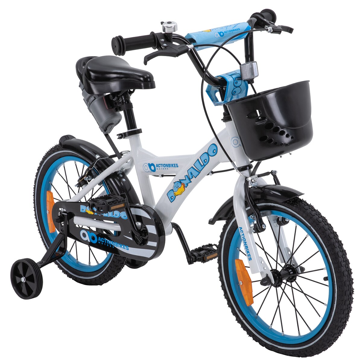 Actionbikes Kinderfahrrad Donaldo 16 Zoll, V-Brake-Bremsen, höhenverstellbar, Stützräder, Korb | 04056551038593
