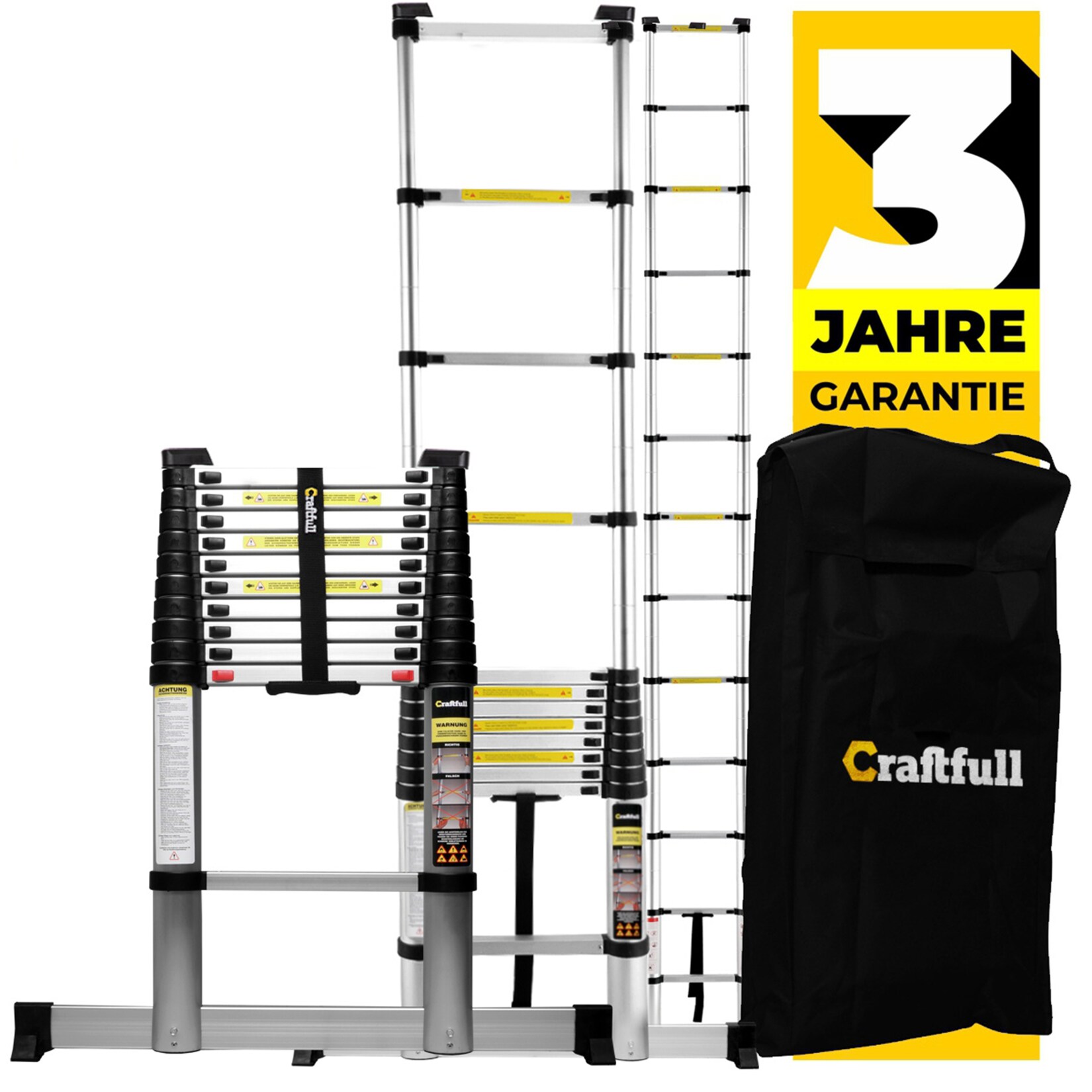 Craftfull Teleskopleiter CF-101B, Soft-Close-Funktion, Ausziehleiter aus Aluminium, 2 m bis 4,4 m (4.4 Meter) | 04056551043375