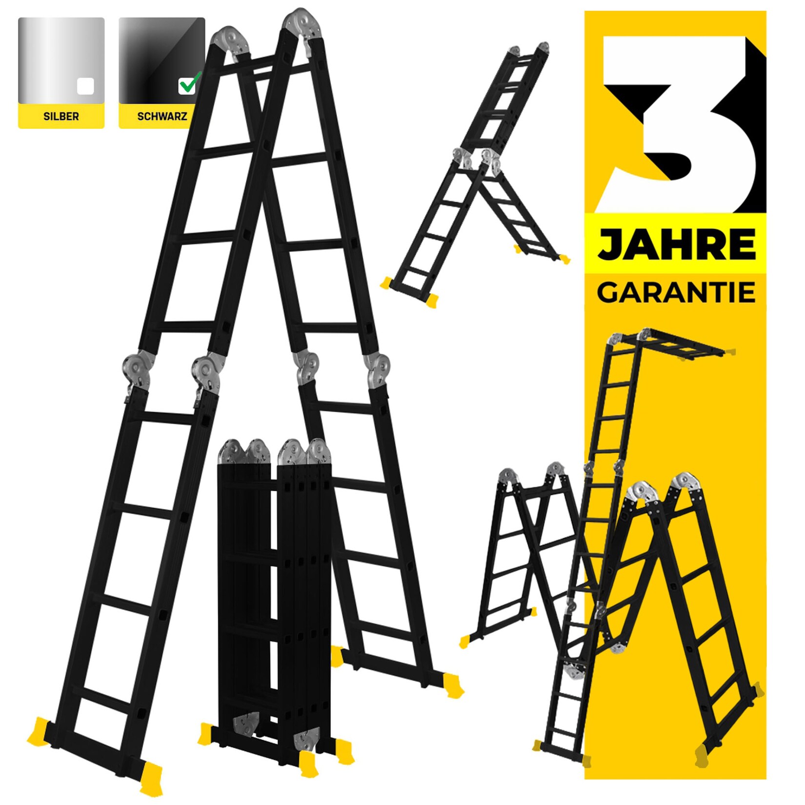 Craftfull Mehrzweckleiter CF-104A, 6in1, Gelenkleiter aus Aluminium, 3,5 -5,8 m, Anti-Rutsch-Profil (4.7 Meter Black Edition 4x4 Sprossen)