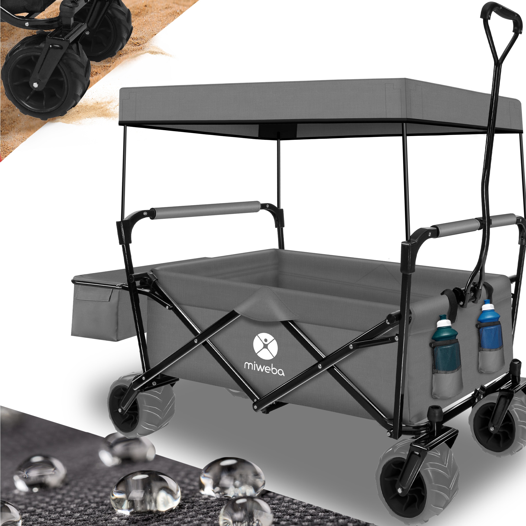 Miweba Bollerwagen MB-10, faltbar, Bremse, abnehmbares Dach, PU-Breitreifen, Transporttasche, 100 kg (Grau) - Bild 1
