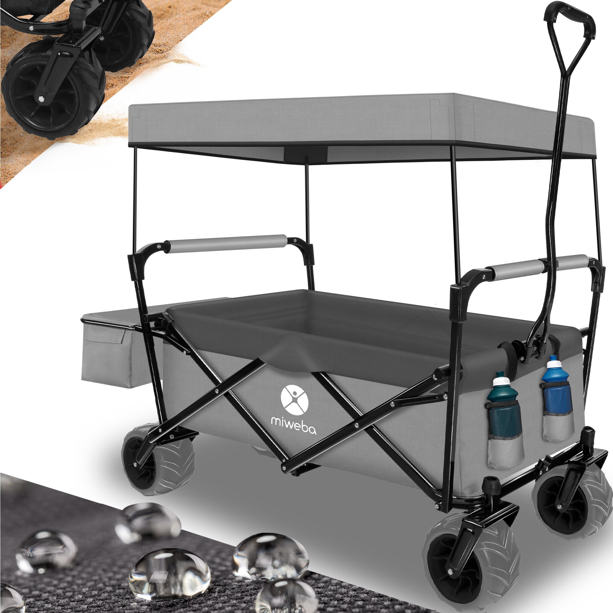 Miweba Bollerwagen MB-10, faltbar, Bremse, abnehmbares Dach, PU-Breitreifen, Transporttasche, 100 kg (Grau/Dunkelgrau) - Bild 1