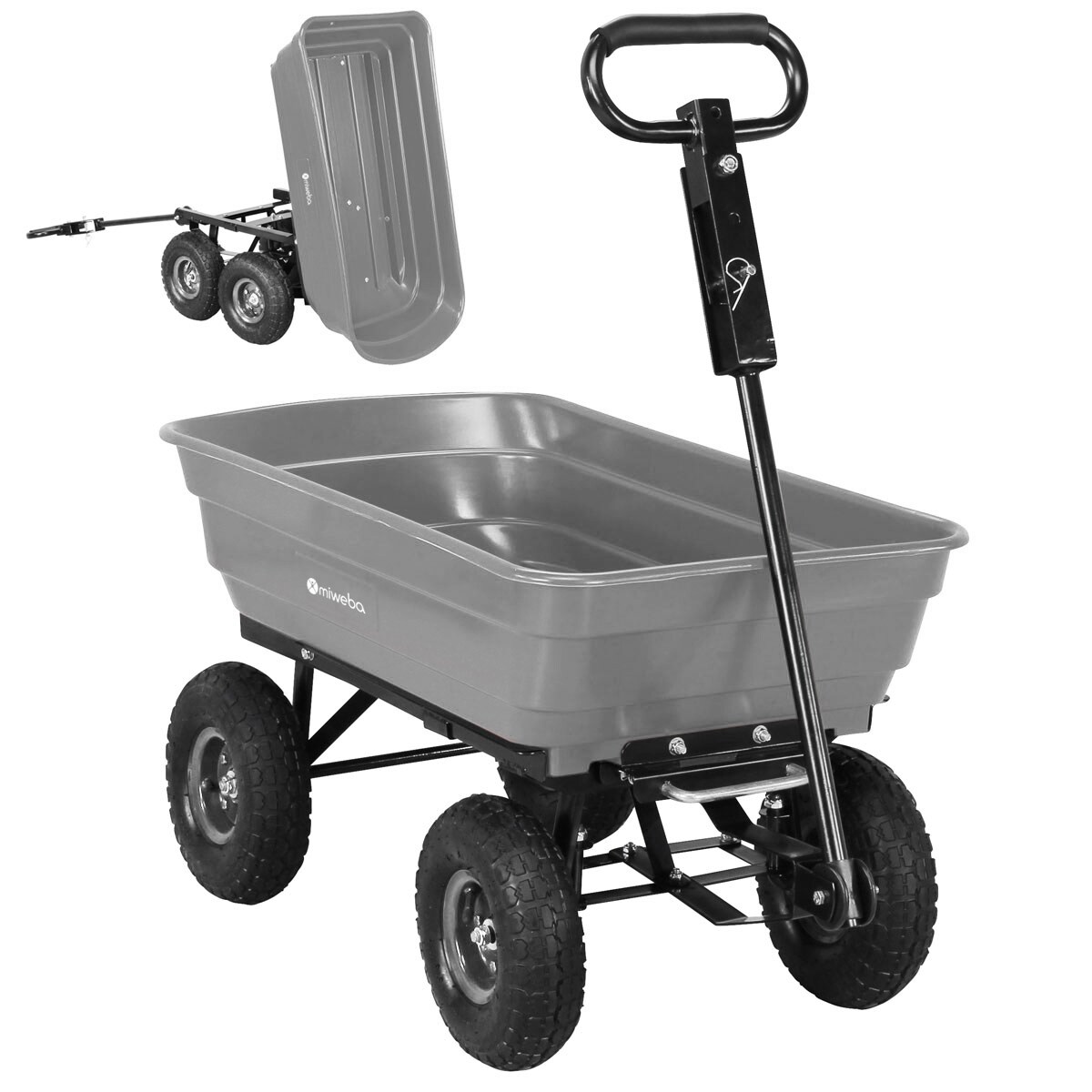 Miweba Bollerwagen Dumper, verriegelbare Kippfunktion, robuste PP-Wanne, Anhängerkupplung, bis 300kg (Grau)