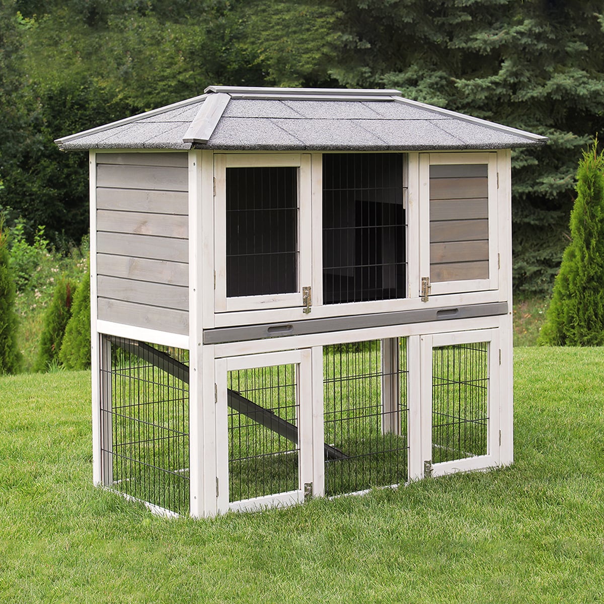MyAnimal Hasenstall MH-28, 2-st&ouml;ckig, 4 T&uuml;ren, wetterfester Kaninchenstall, impr&auml;gniertes Holz (Grau/Wei&szlig; 2.0) - Bild 1