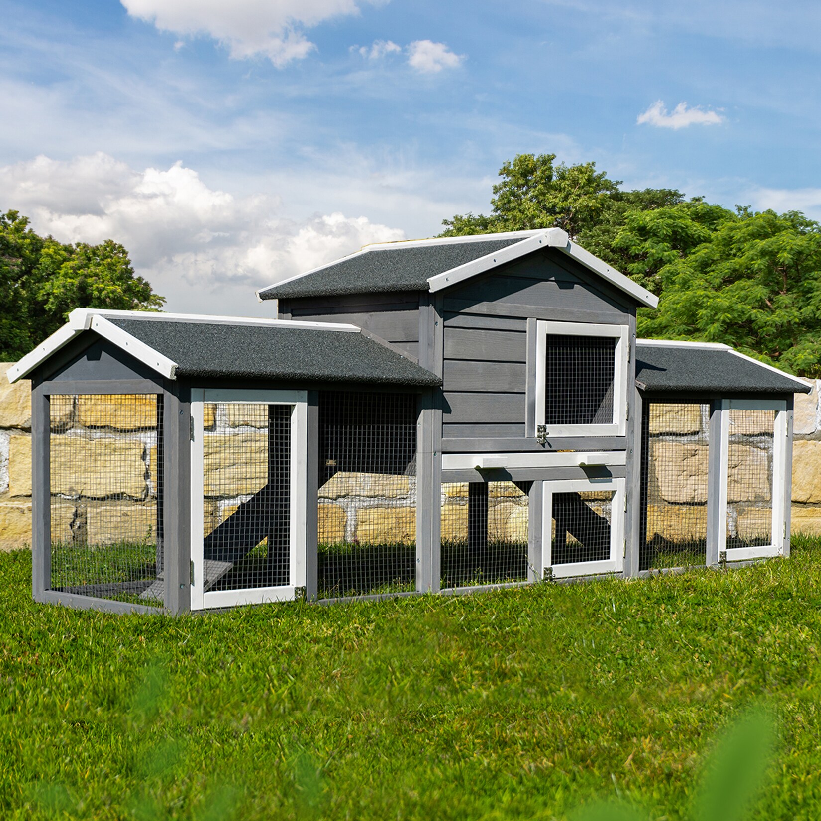 MyAnimal Hasenstall MH-03 Doppelstockhaus mit Garten, Freilauf, Kiefernholz, verzinkter Draht (Grau/Weiß XXL 2.0)