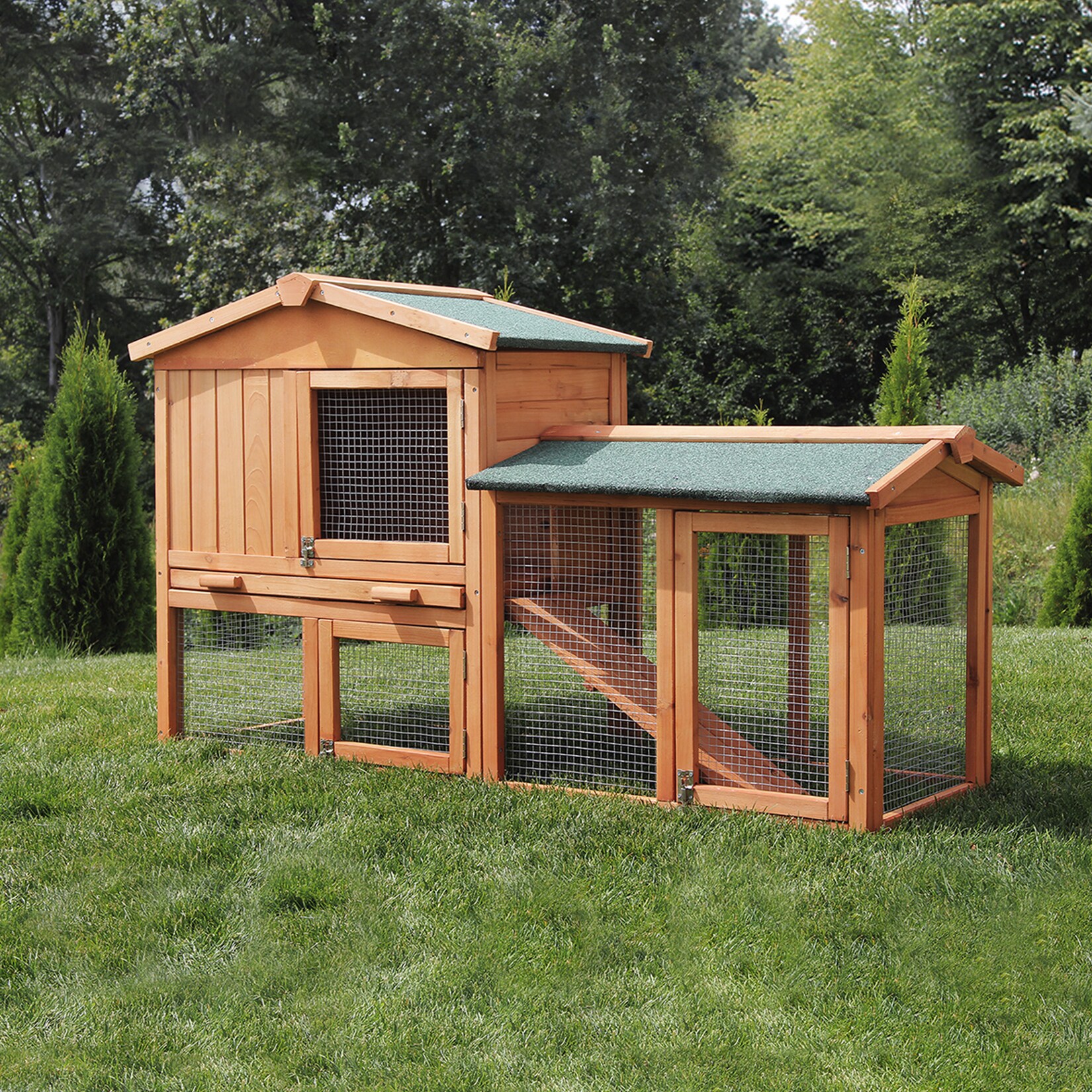 MyAnimal Hasenstall MH-03 Doppelstockhaus mit Garten, Freilauf, Kiefernholz, verzinkter Draht (Braun 2.0)