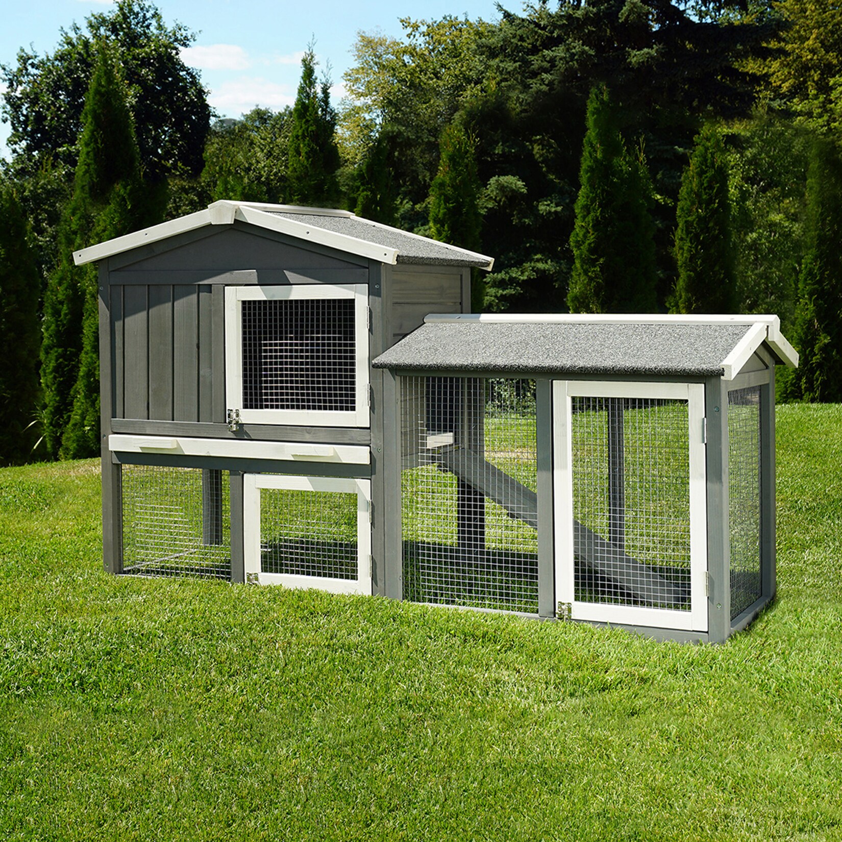 MyAnimal Hasenstall MH-03 Doppelstockhaus mit Garten, Freilauf, Kiefernholz, verzinkter Draht (Grau/Weiß 2.0)