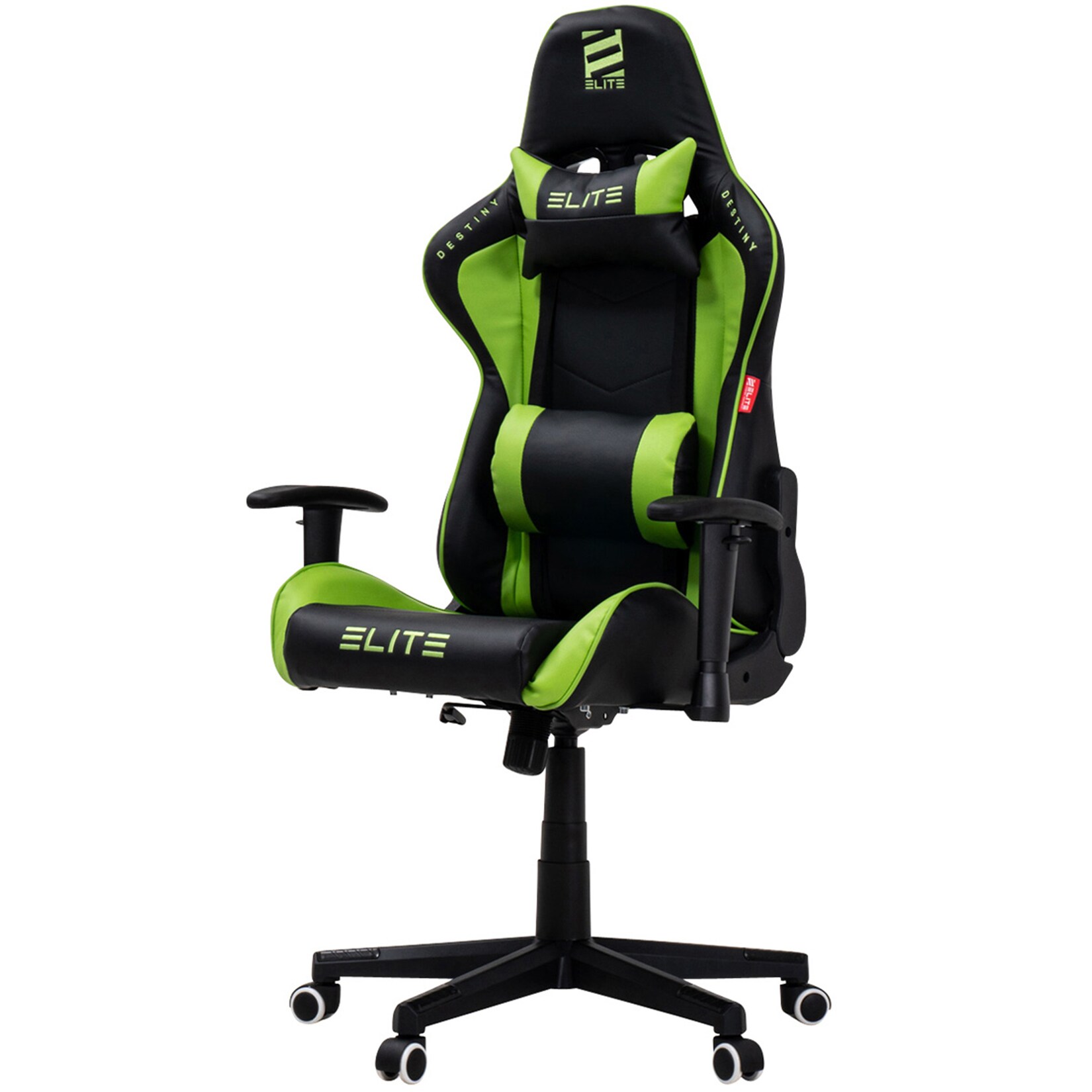 ELITE Gaming-Stuhl DESTINY, Rücken- und Nackenkissen, Wippmechanik, bis 170kg, Sitzhöhe 45-55, MG200 (Schwarz/Grün)