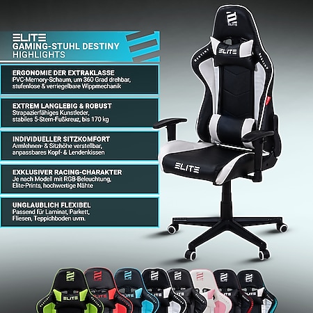 ELITE Gaming-Stuhl DESTINY, Rücken- und Nackenkissen, Wippmechanik, bis  170kg, Sitzhöhe 45-55, MG200 (Schwarz/Grün) online kaufen bei Netto