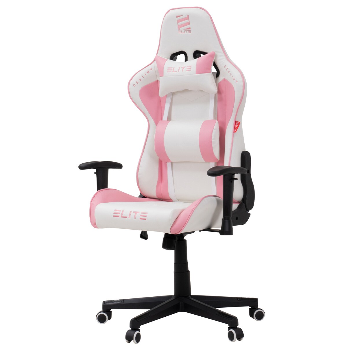 ELITE Gaming-Stuhl DESTINY, Rücken- und Nackenkissen, Wippmechanik, bis 170kg, Sitzhöhe 45-55, MG200 (Weiß/Pink) | 04056551219138