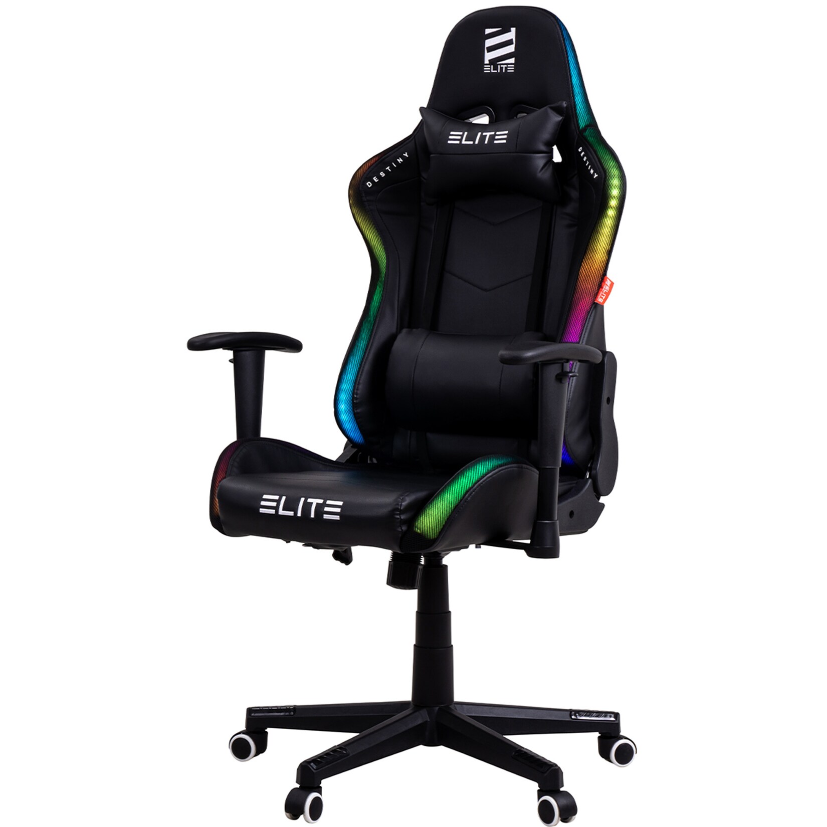 ELITE Gaming-Stuhl DESTINY, Rücken- und Nackenkissen, Wippmechanik, bis 170kg, Sitzhöhe 45-55, MG200 (RGB - Schwarz)