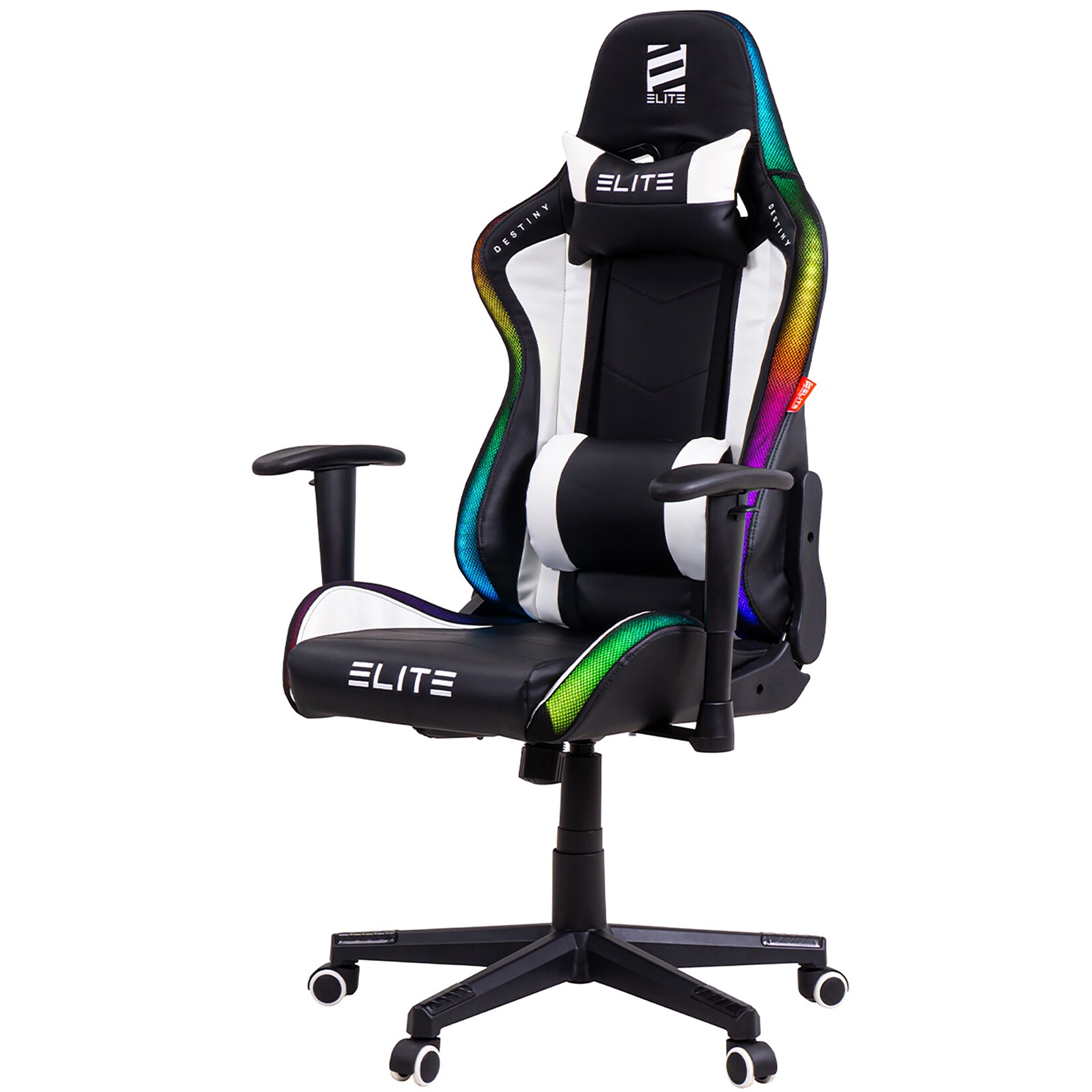 ELITE Gaming-Stuhl DESTINY, Rücken- und Nackenkissen, Wippmechanik, bis 170kg, Sitzhöhe 45-55, MG200 (RGB - Schwarz/Weiß)