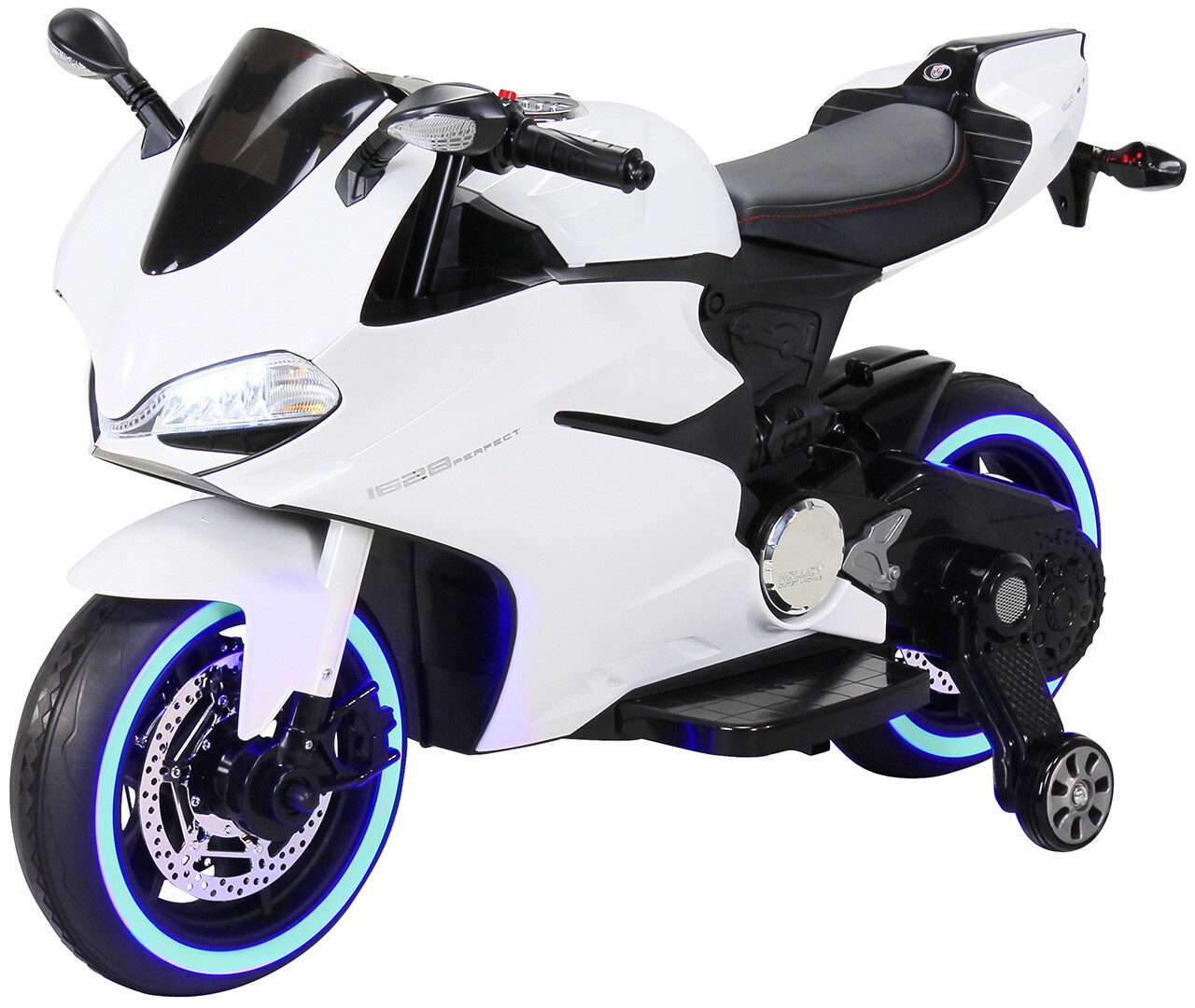 Kindermotorrad 1299SS, Elektromotorrad, Soft-Start, LED-Leuchten, Soundmodul, Stoßdämpfer, 70 Watt (Weiß) | 04056551044990