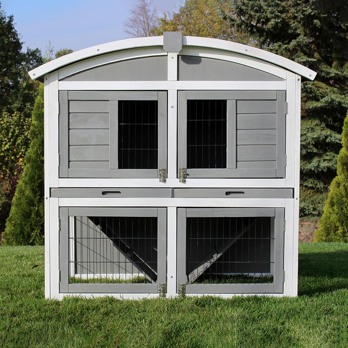 MyAnimal Hasenstall MH-33, 2-st&ouml;ckig, Bogendach aufklappbar, wetterfester Kaninchenstall, Holz, Grau - Bild 1