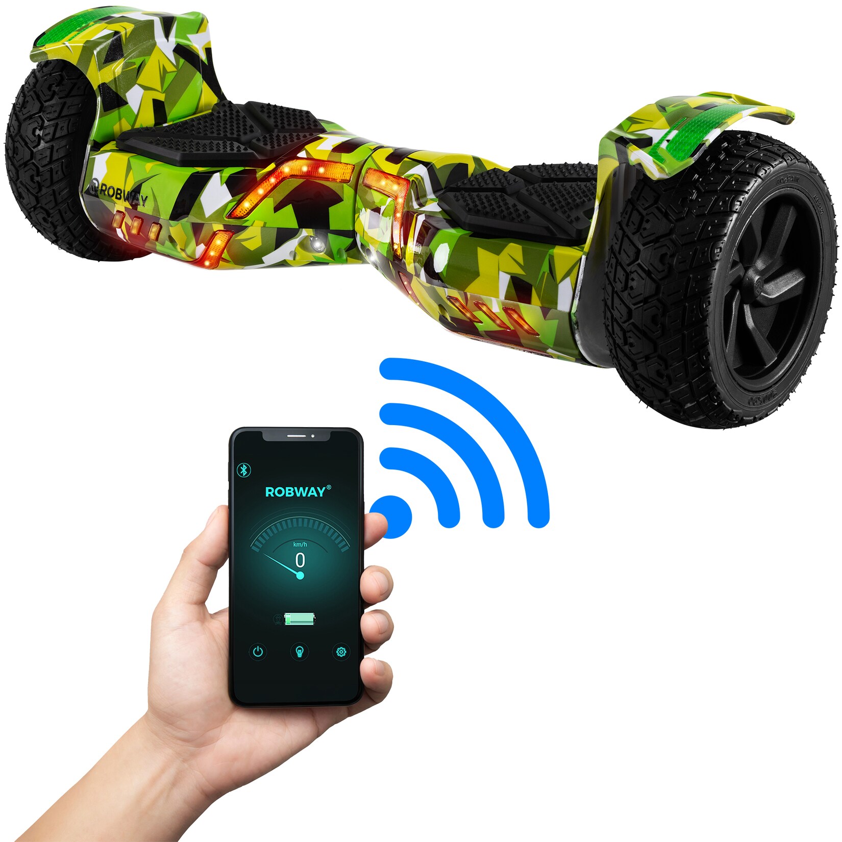 ROBWAY X2 Offroad-Hoverboard fürs Gelände, Erwachsene und Kinder, 8,5 Zoll, App, Bluetooth, 700 Watt (Woodland Camo 2.0, Offroad)
