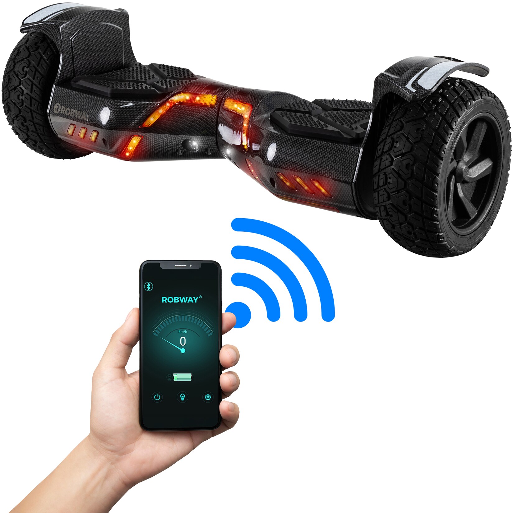 ROBWAY X2 Offroad-Hoverboard fürs Gelände, Erwachsene und Kinder, 8,5 Zoll, App, Bluetooth, 700 Watt (Carbon 2.0, Offroad)